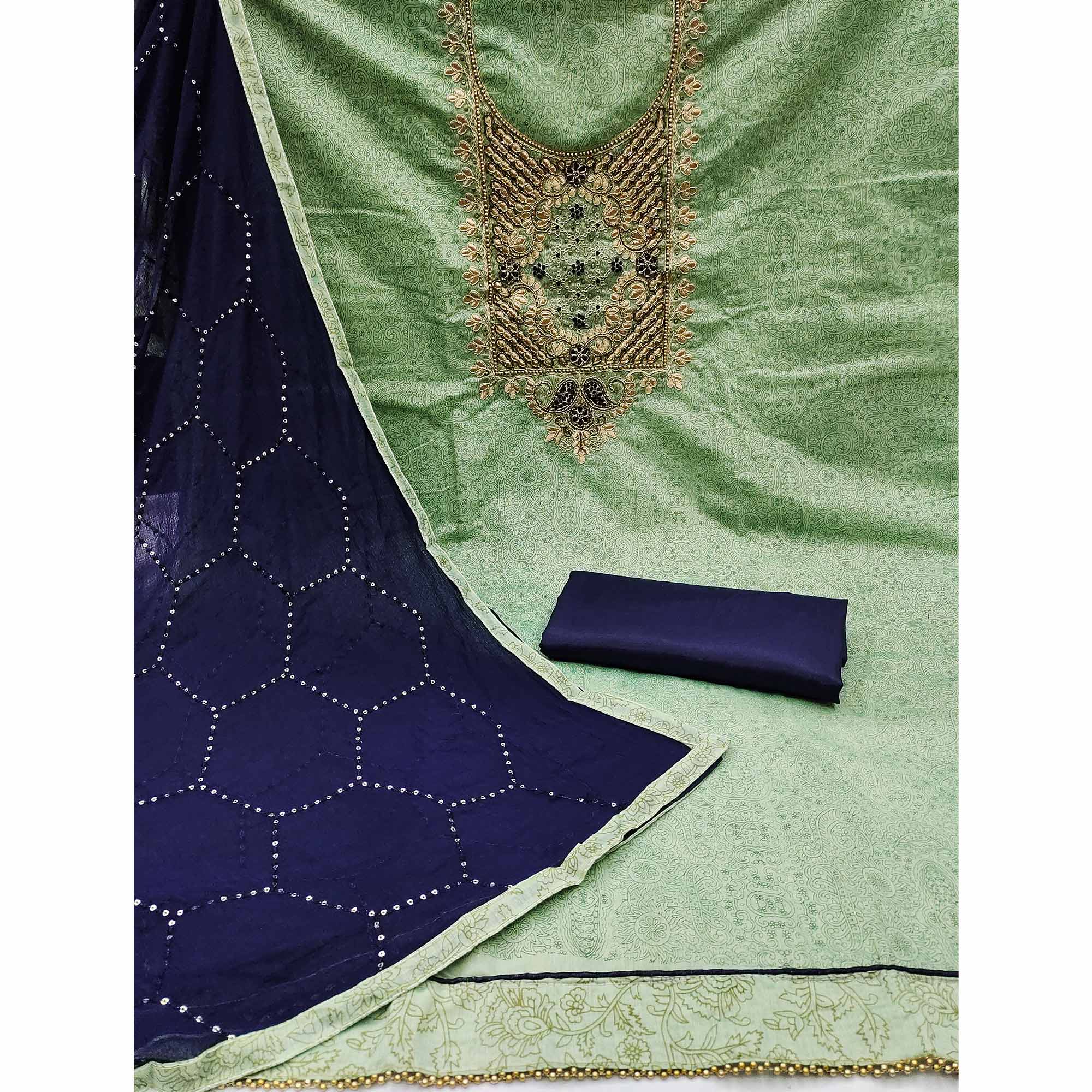 Green Floral Printed Chanderi Dress Material