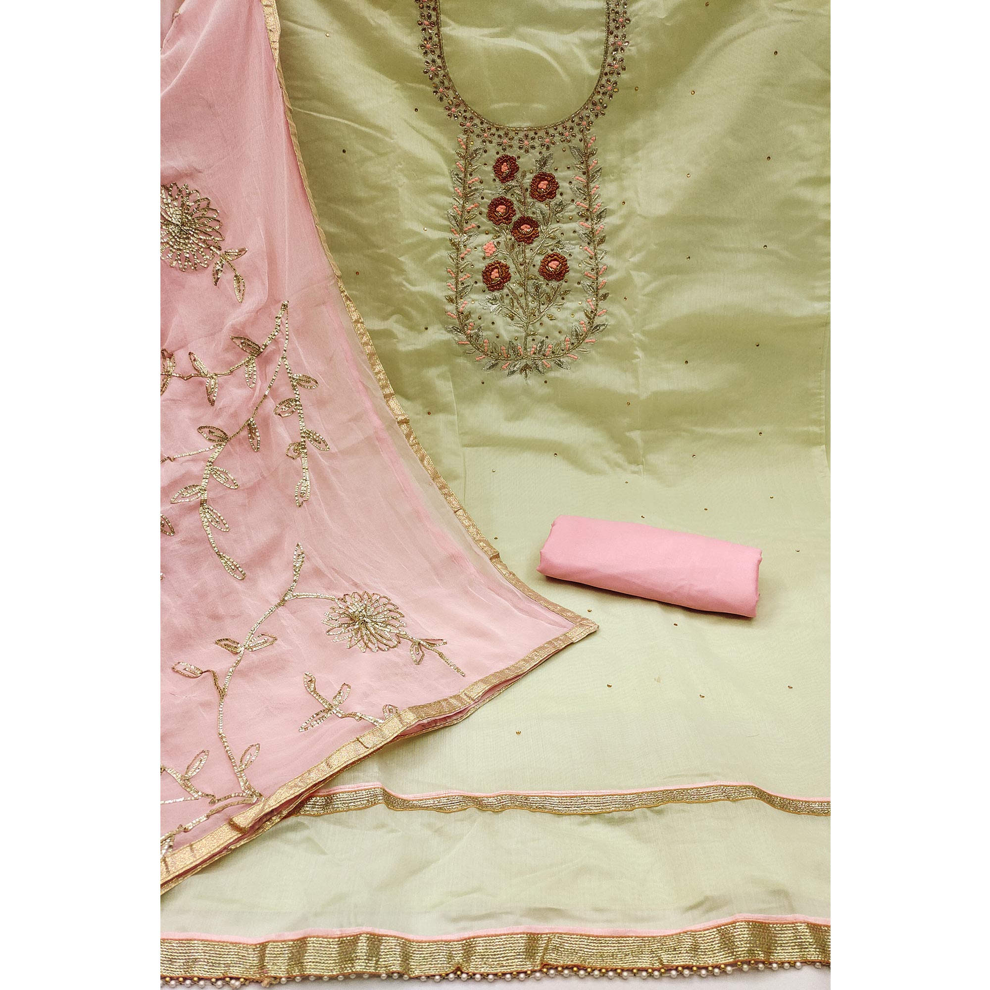 Green Floral Embroidered Chanderi Dress Material