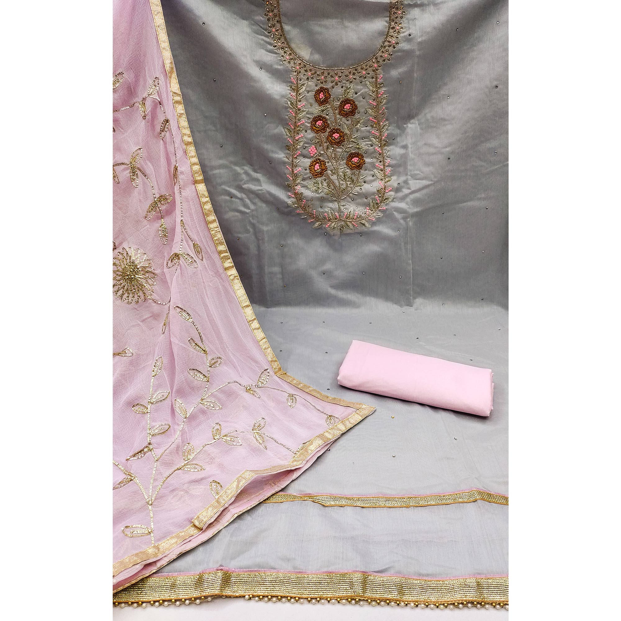 Grey Floral Embroidered Chanderi Dress Material