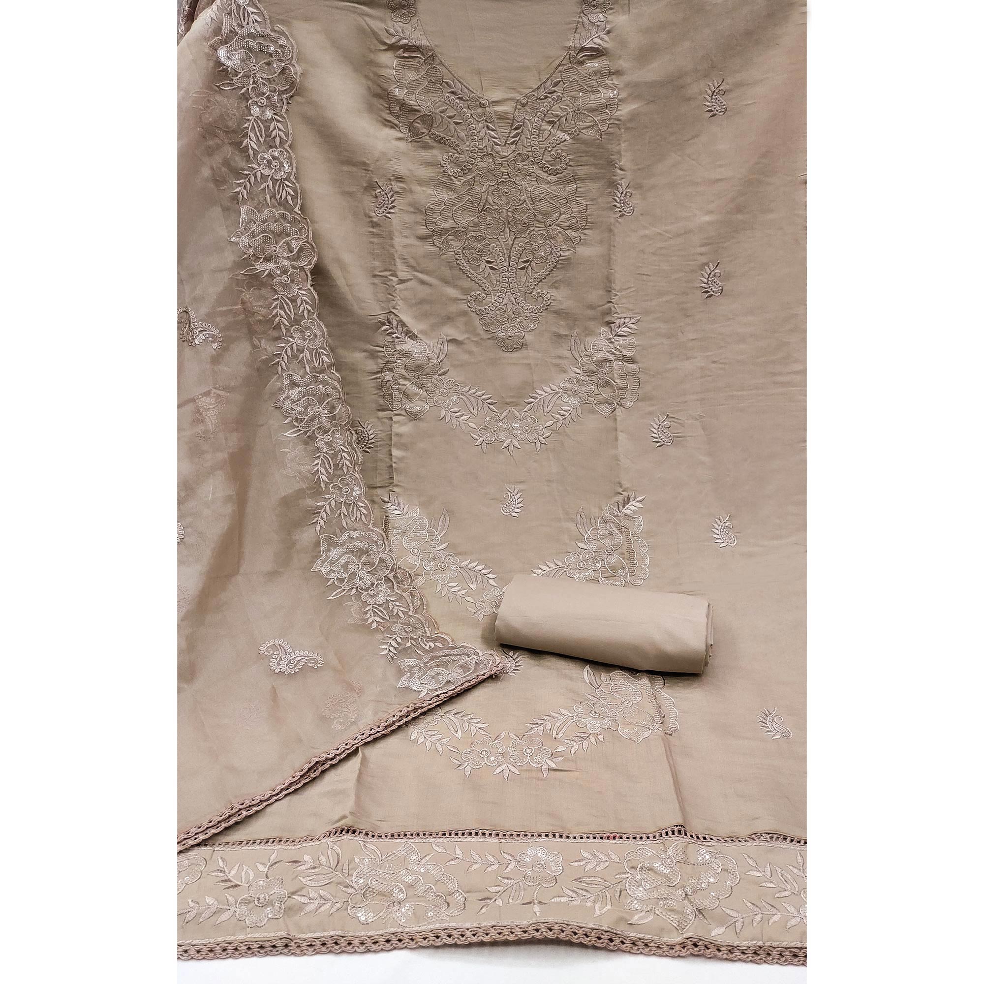 Beige Floral Embroidered Cotton Blend Dress Material