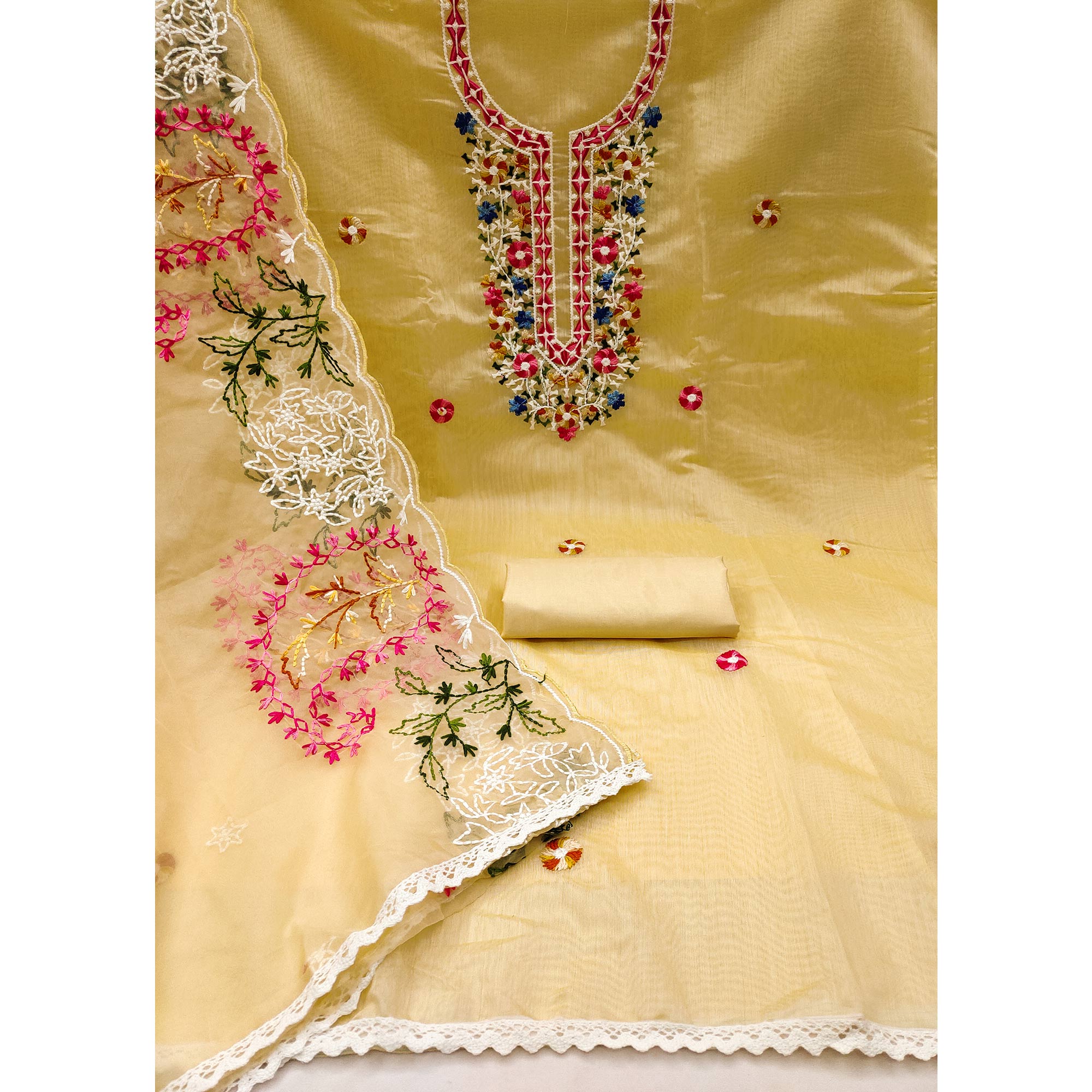 Yellow Floral Embroidered Chanderi Dress Material