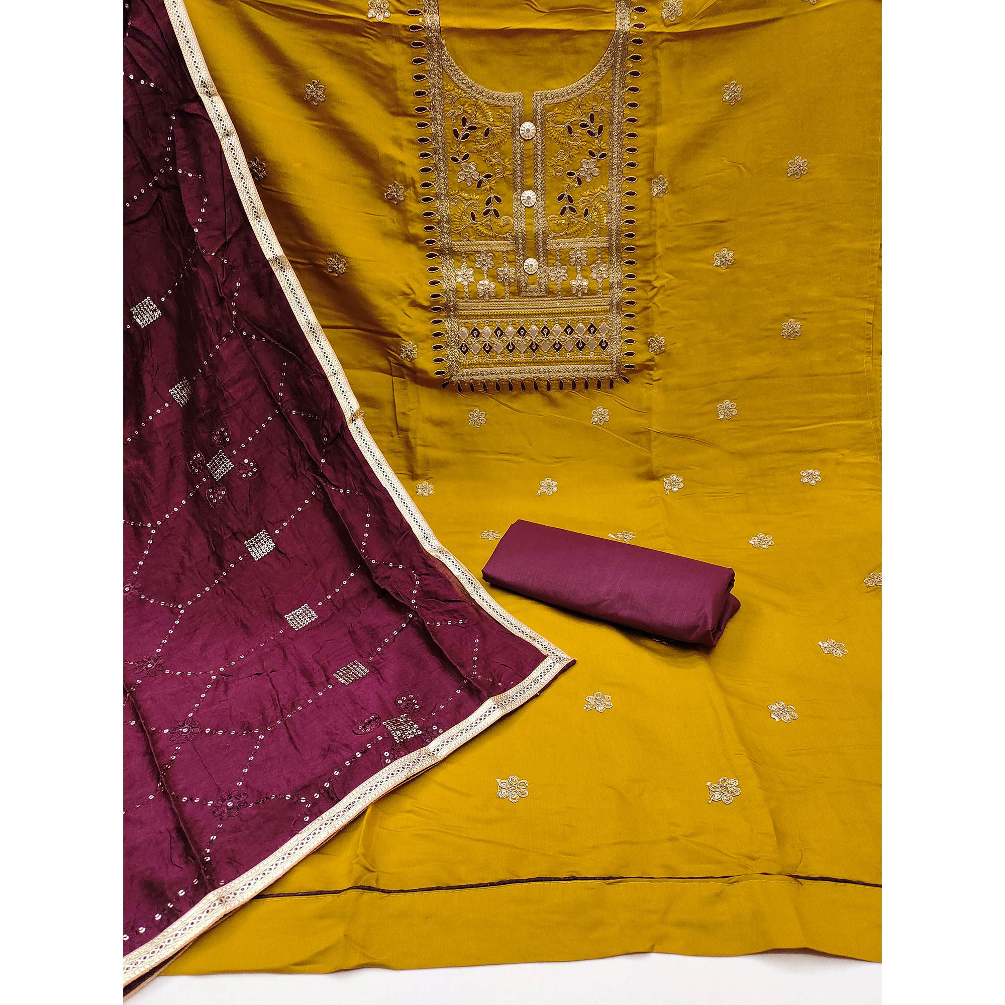 Mustard Floral Embroidered Cotton Silk Dress Material