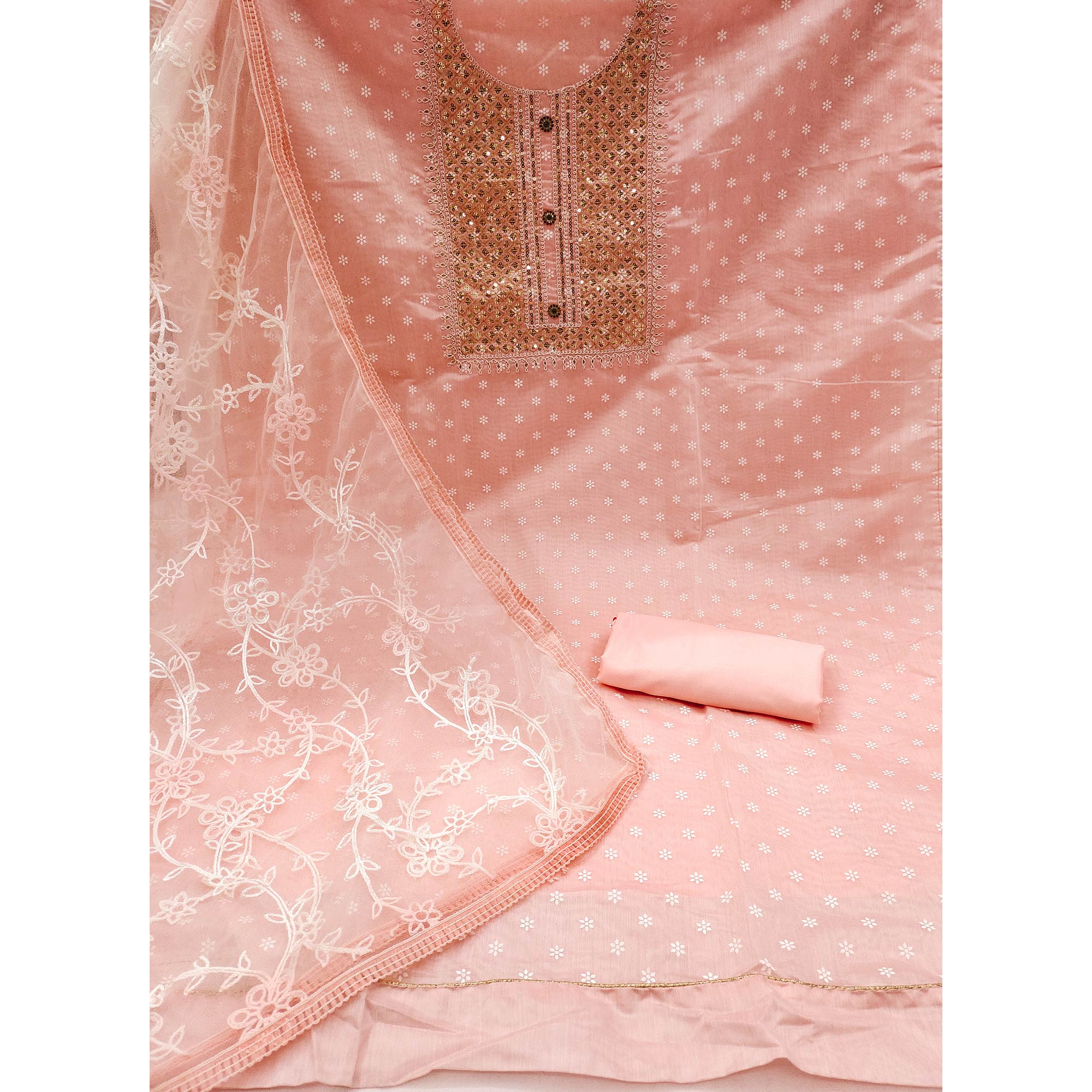 Peach Printed With Embroidered Chanderi Dress Material