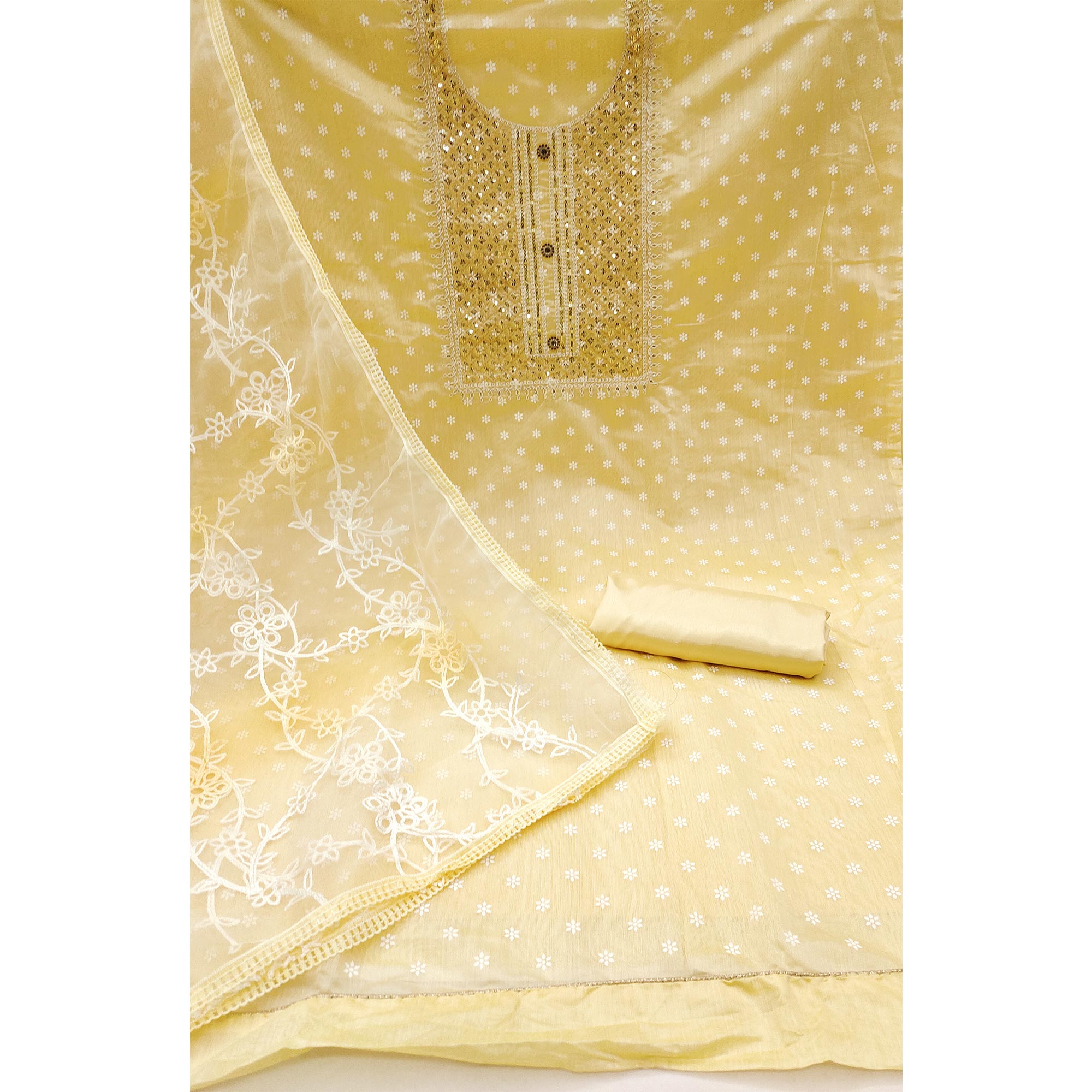 Yellow Printed With Embroidered Chanderi Dress Material