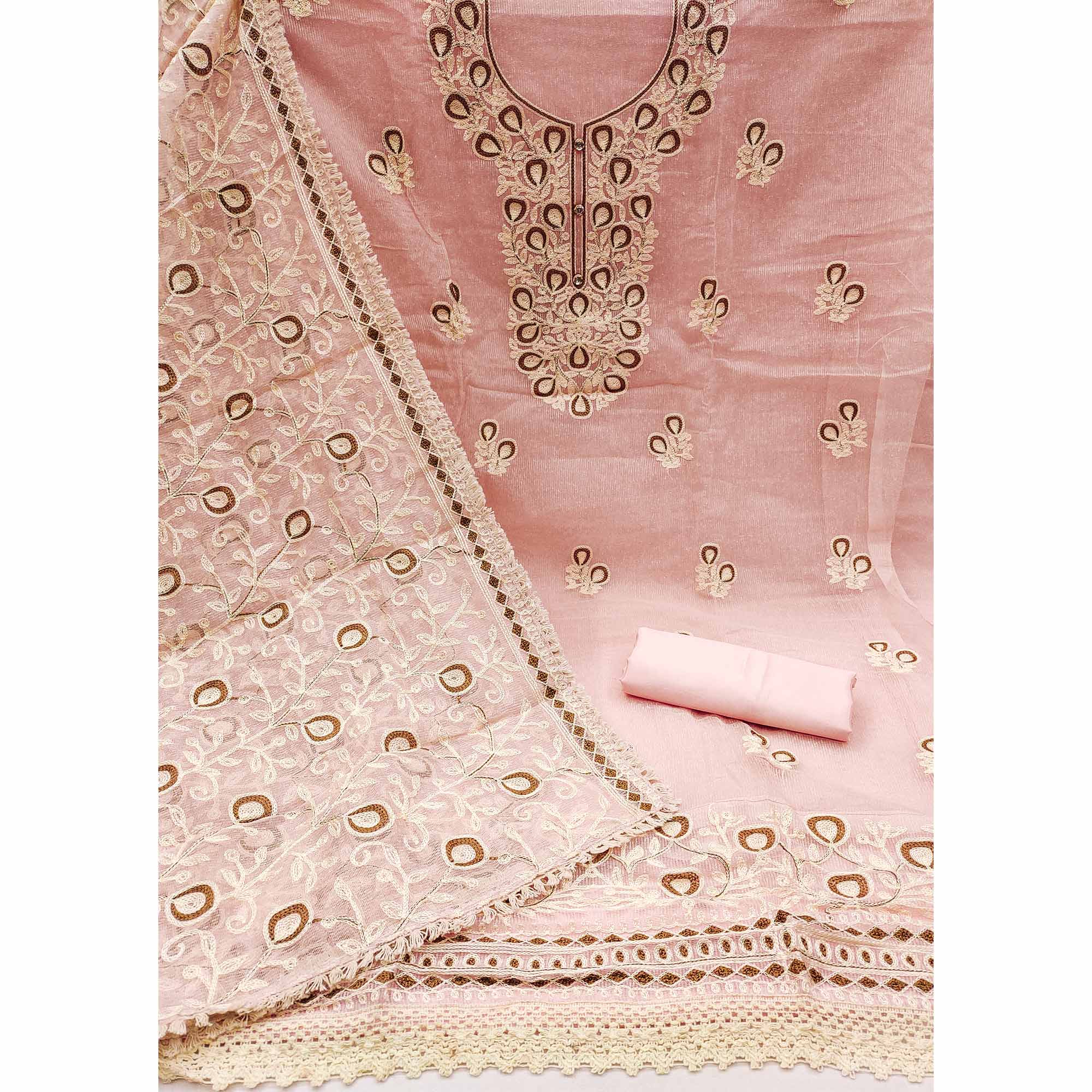 Peach Embroidered Kota Doria Dress Material