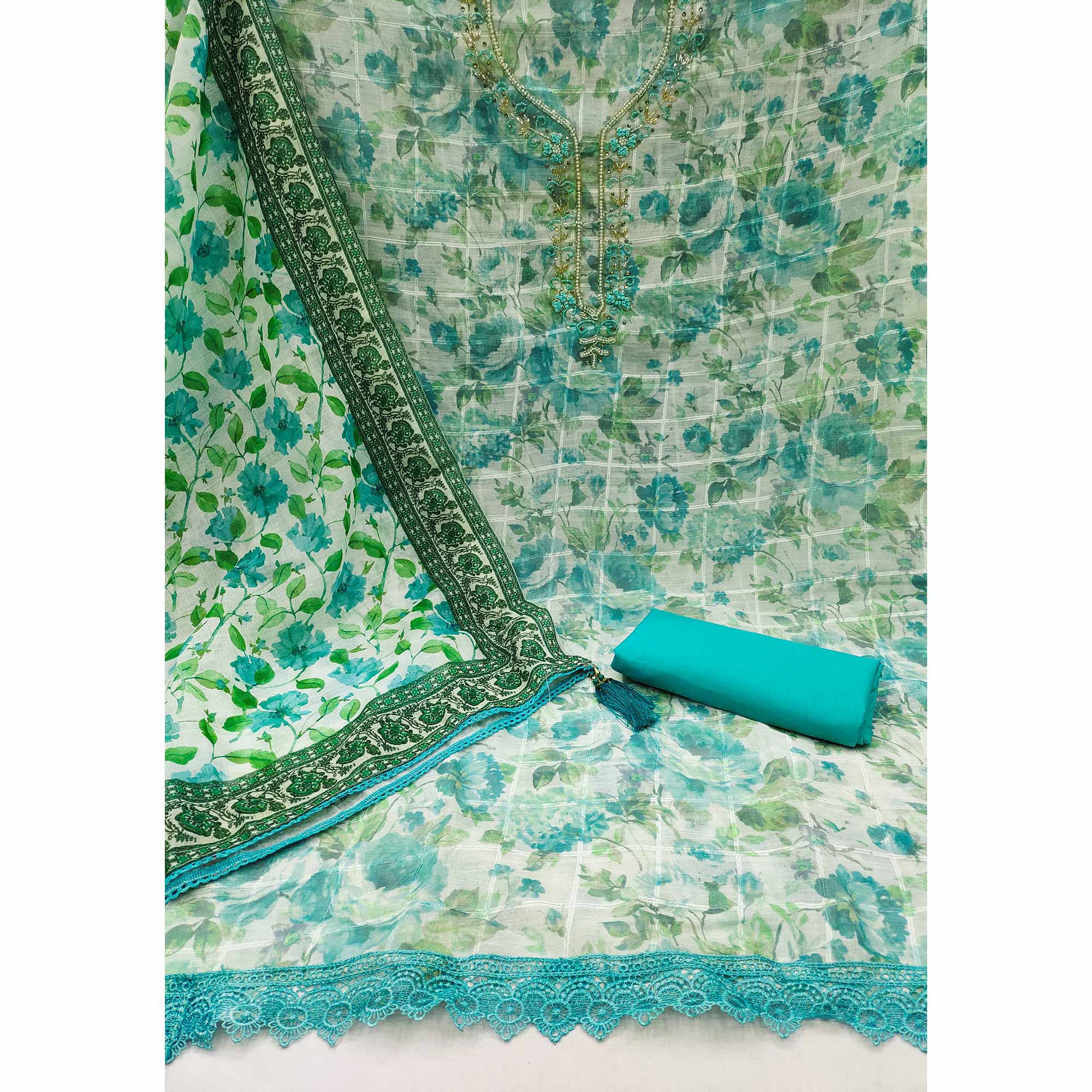 Blue Floral Printed Cotton Dress Material