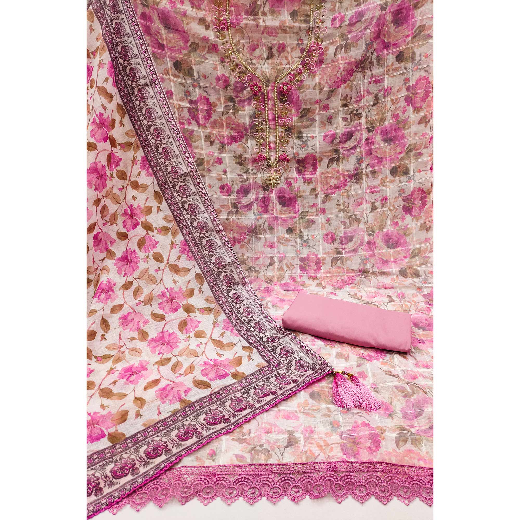 Pink Floral Printed Cotton Dress Material