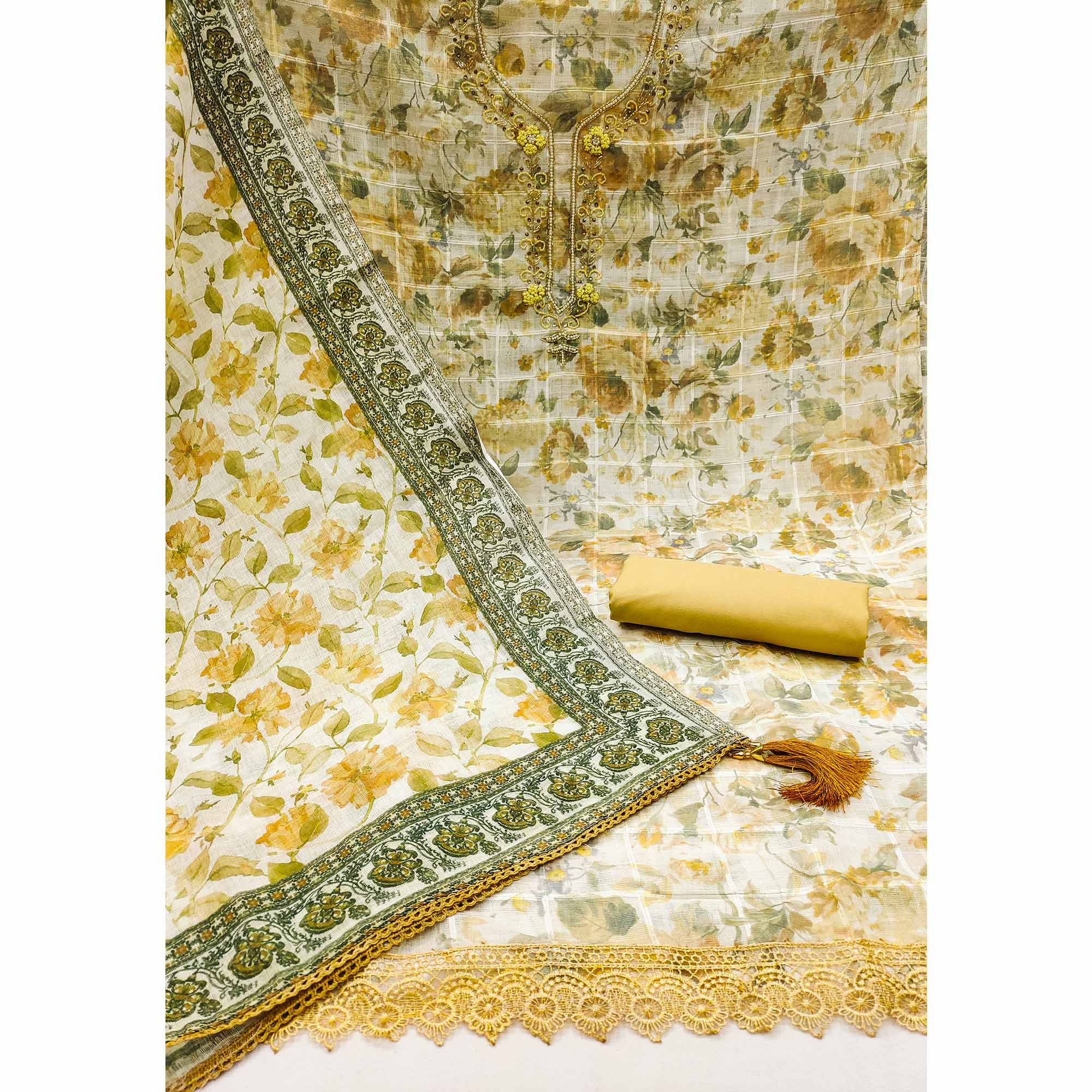 Yellow Floral Printed Cotton Dress Material