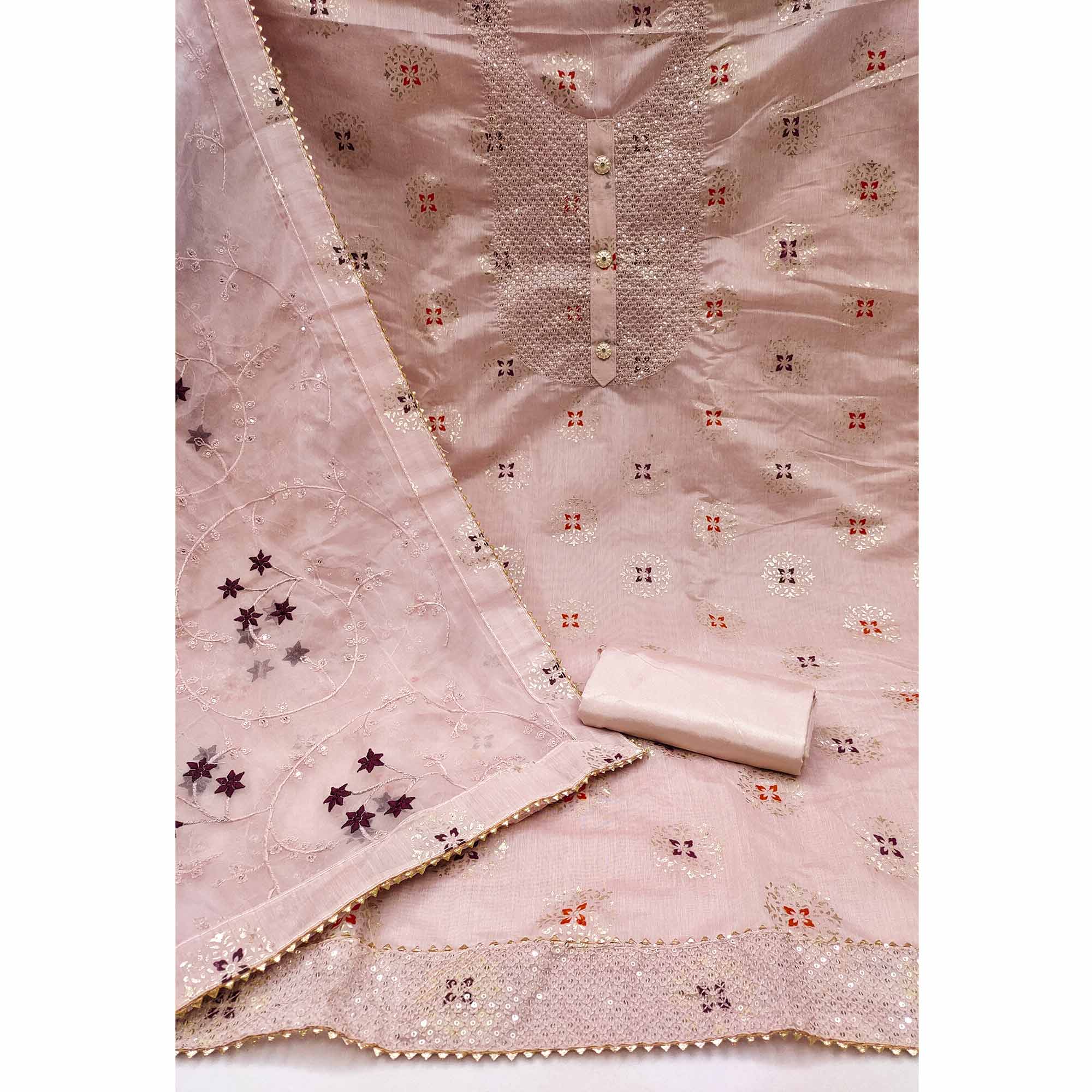 Mauve Floral Foil Printed Chanderi Dress Material