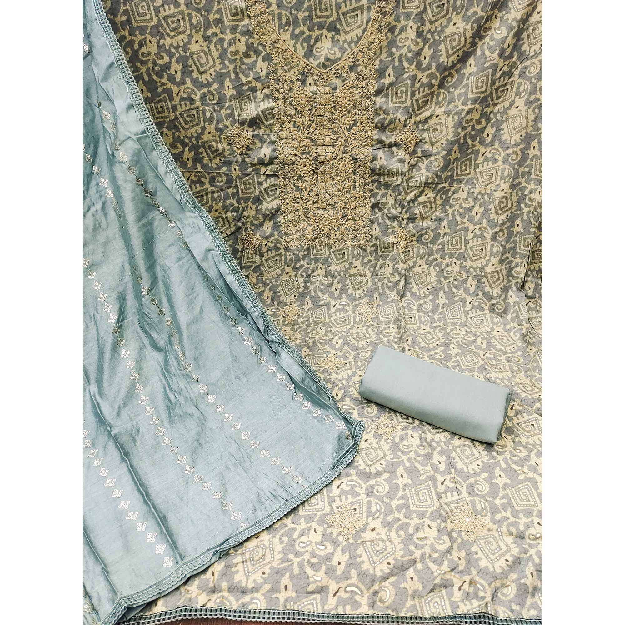 Grey Embroidered With Printed Muslin Dress Material