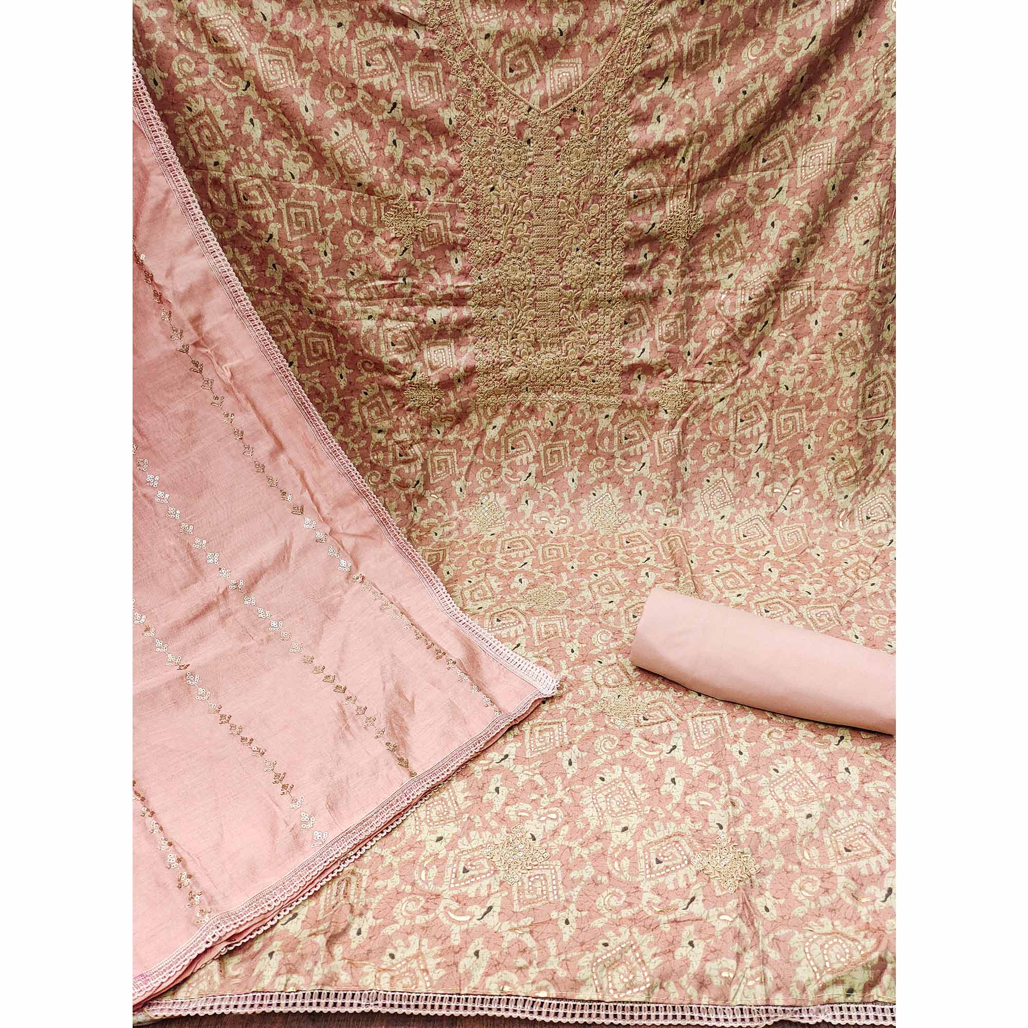 Peach Embroidered With Printed Muslin Dress Material