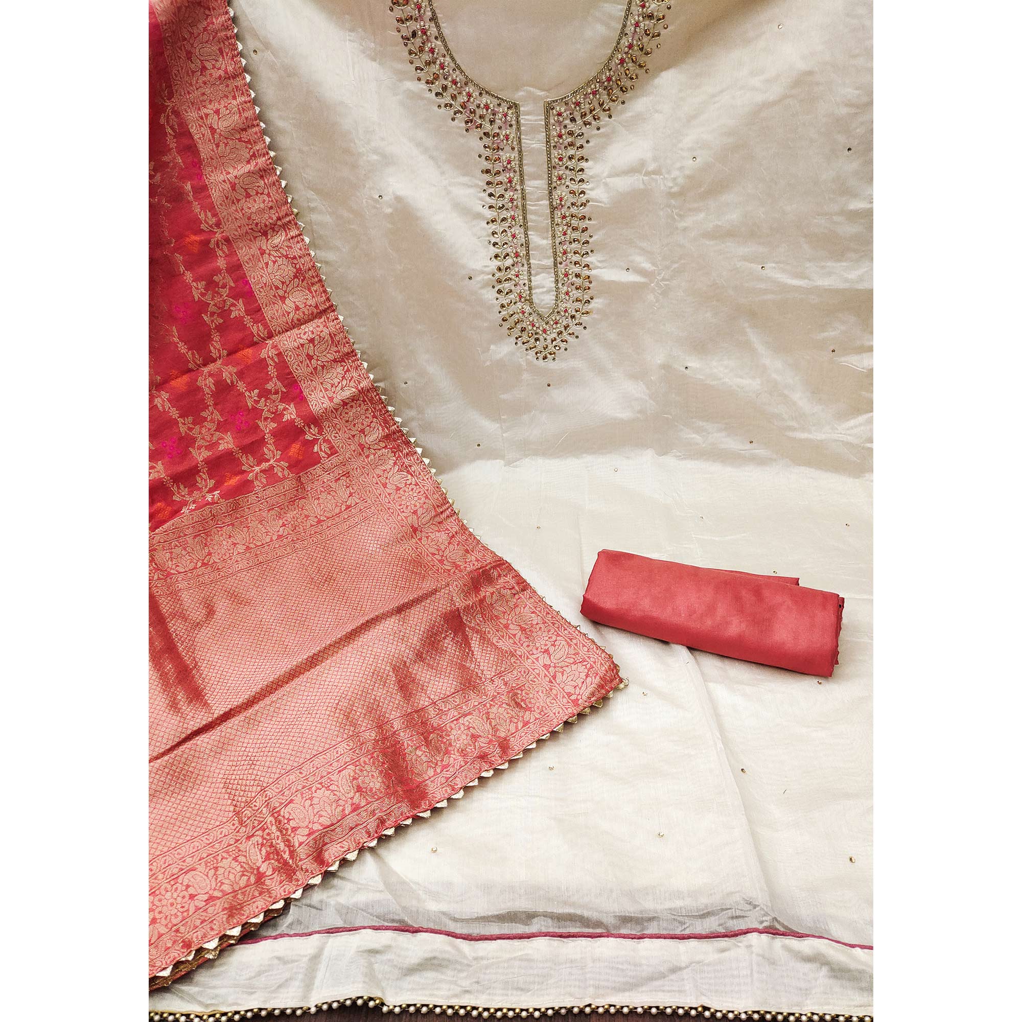 Cream Handwork Chanderi Dress Material
