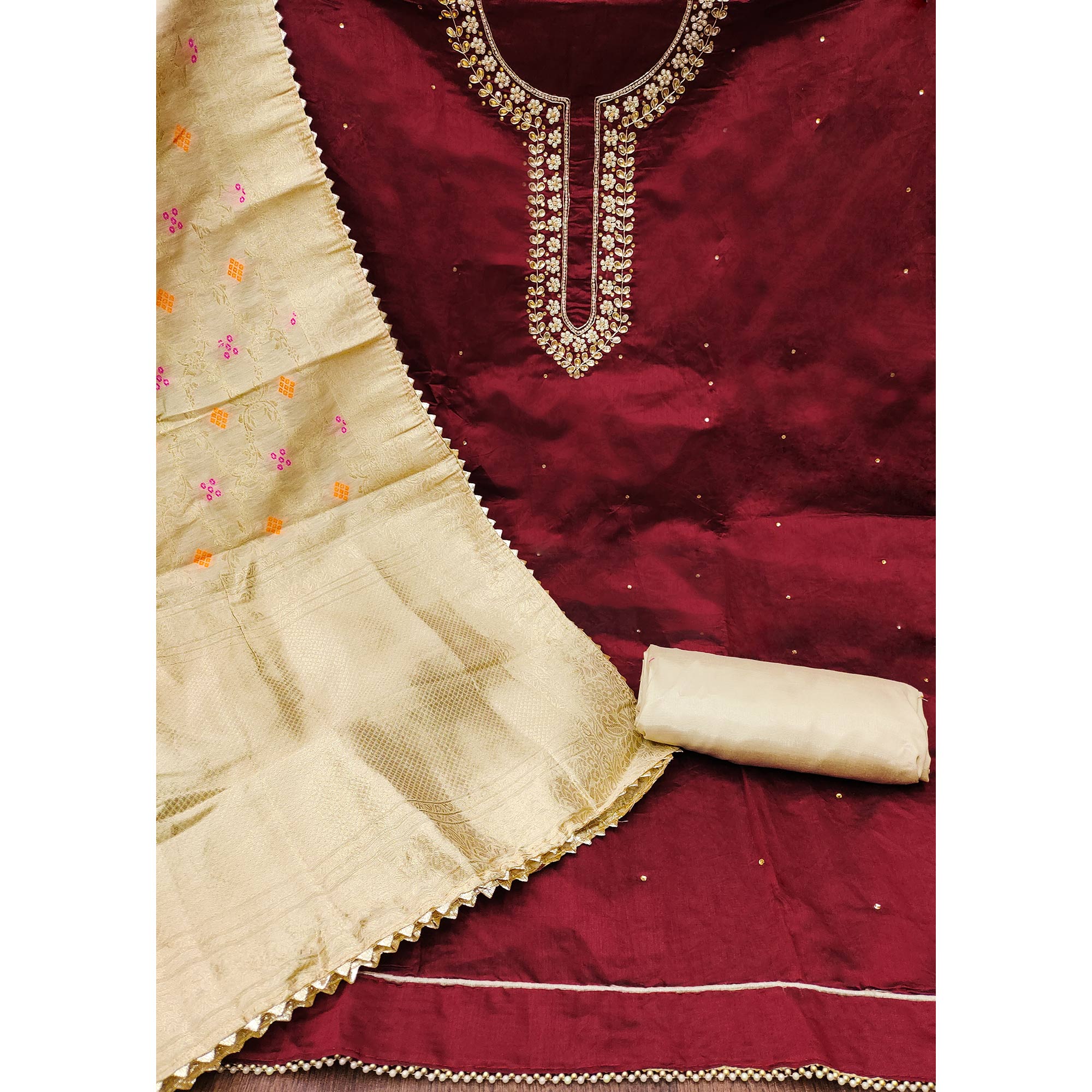 Maroon Handwork Chanderi Dress Material