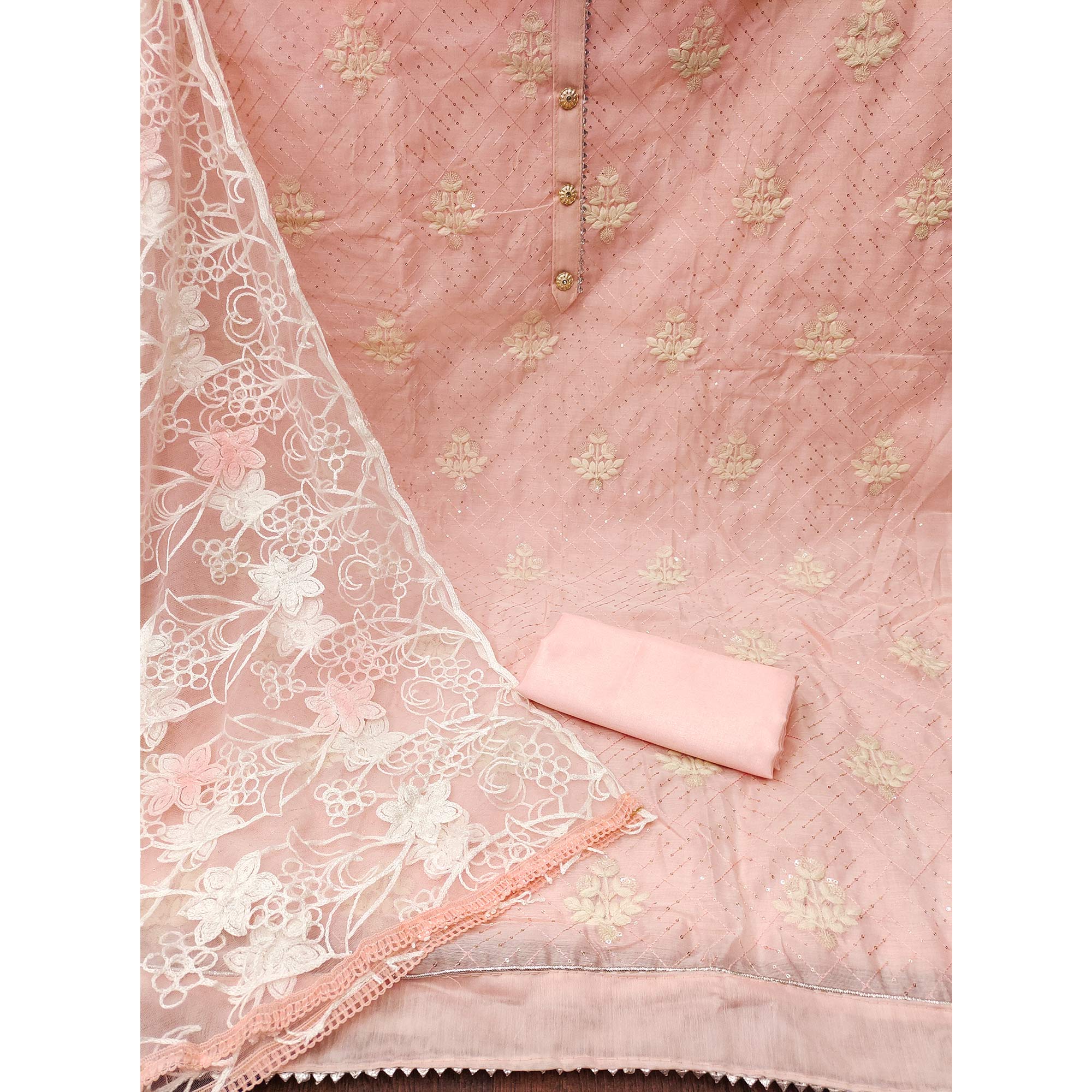 Peach Floral Embroidered Chanderi Dress Material
