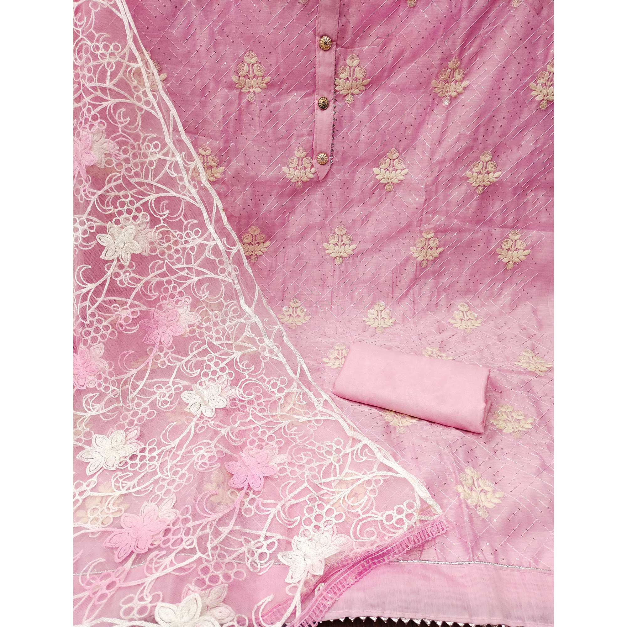 Pink Floral Embroidered Chanderi Dress Material