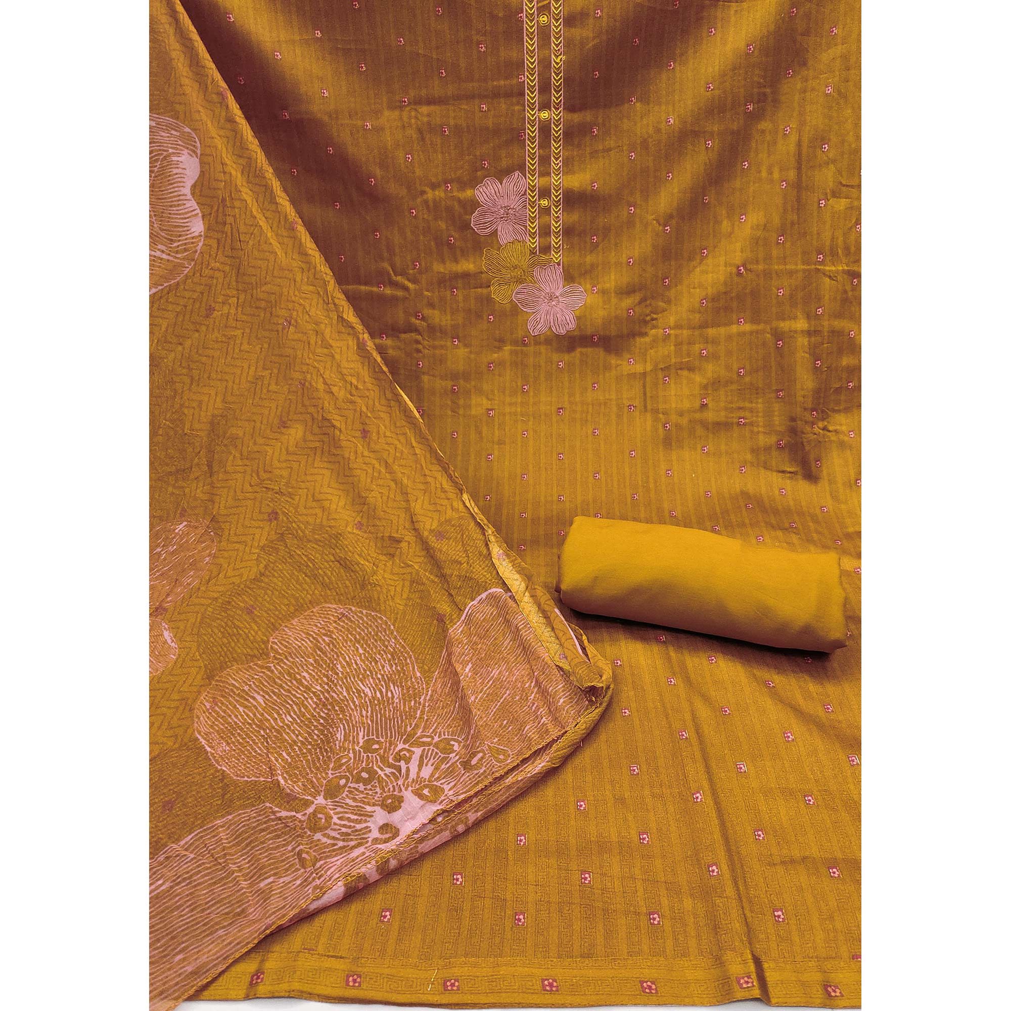 Mustard Floral Printed Pure Cotton Dress Material