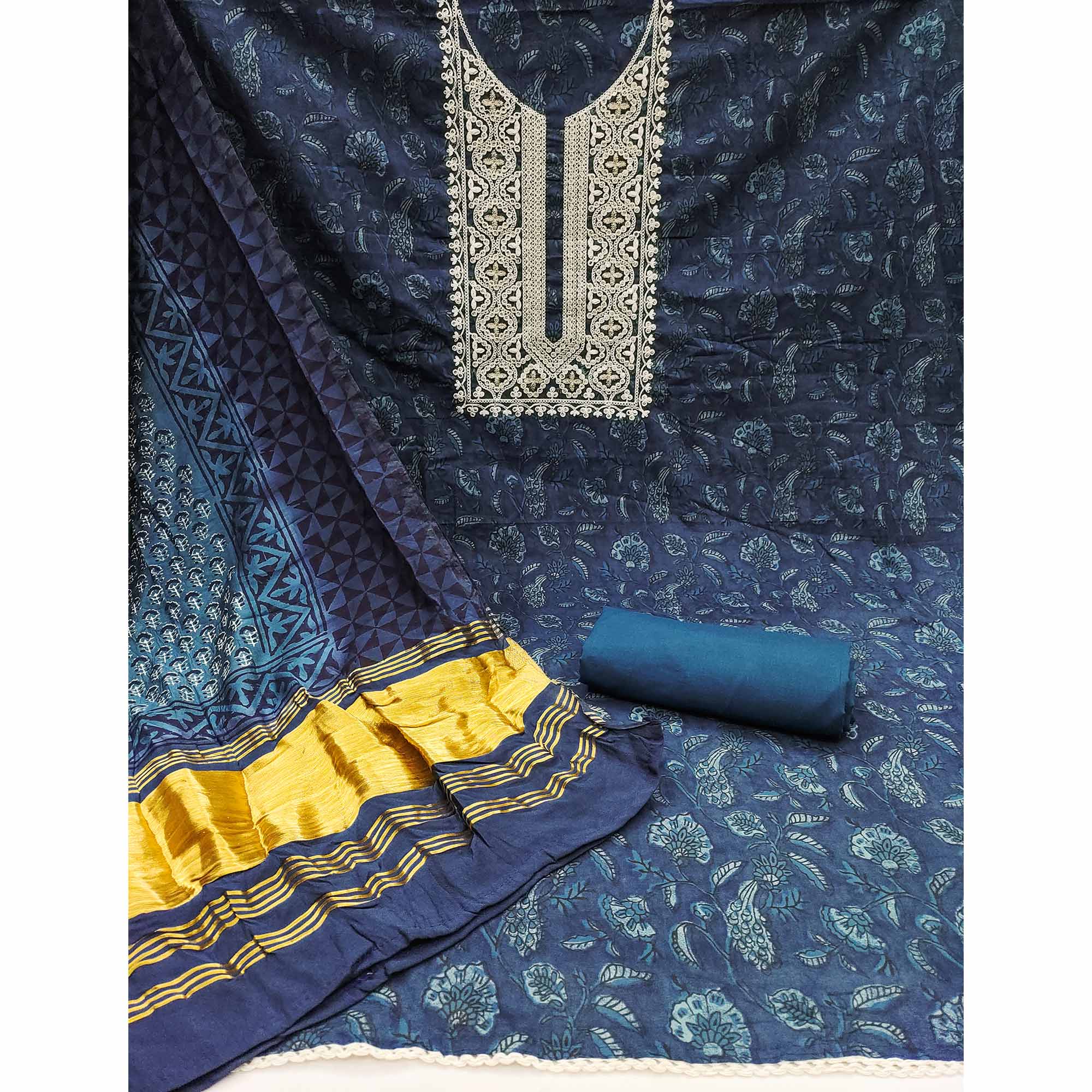 Blue Floral Printed Pure Cotton Dress Material