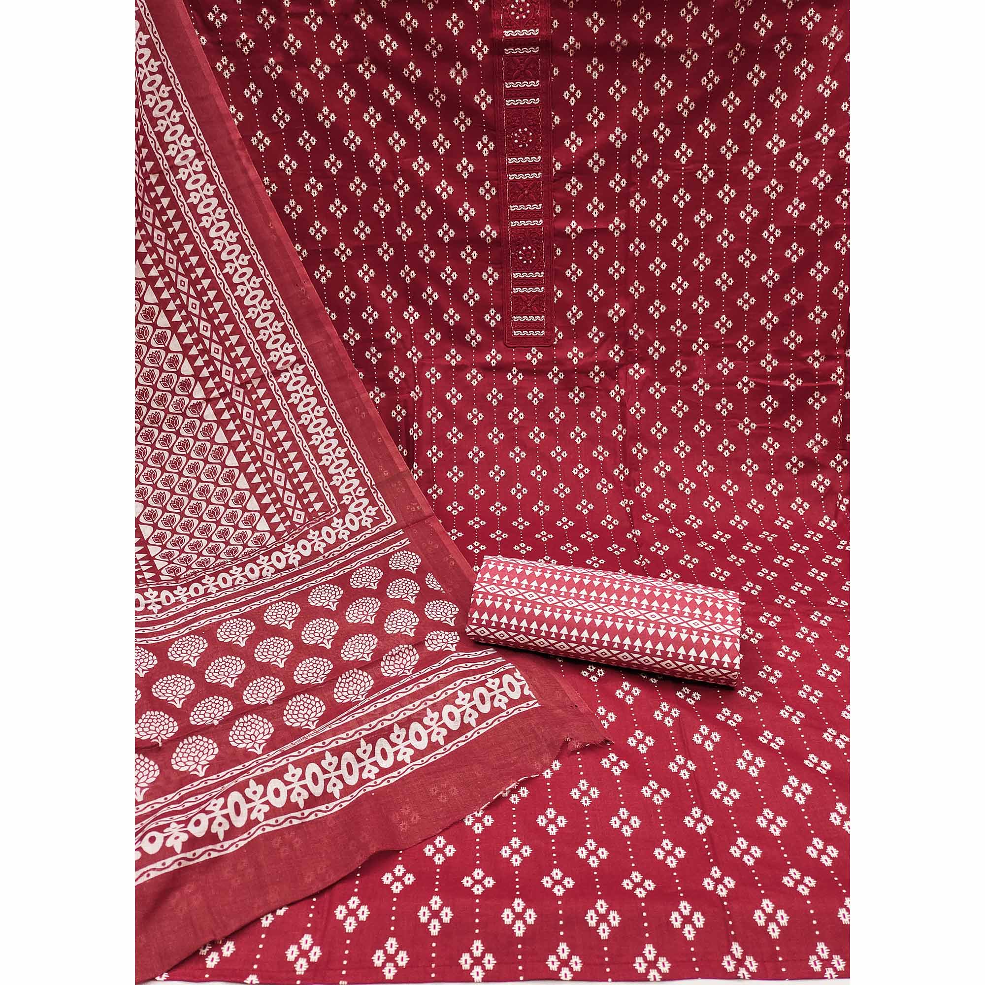 Maroon Floral Printed Pure Cotton Dress Material