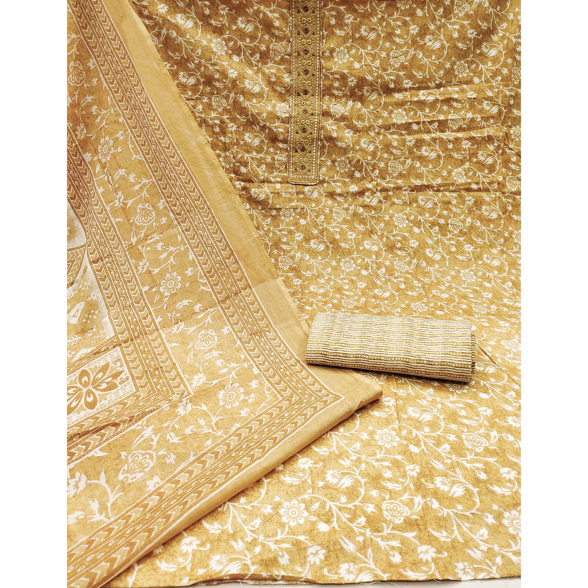 Beige Floral Printed Pure Cotton Dress Material