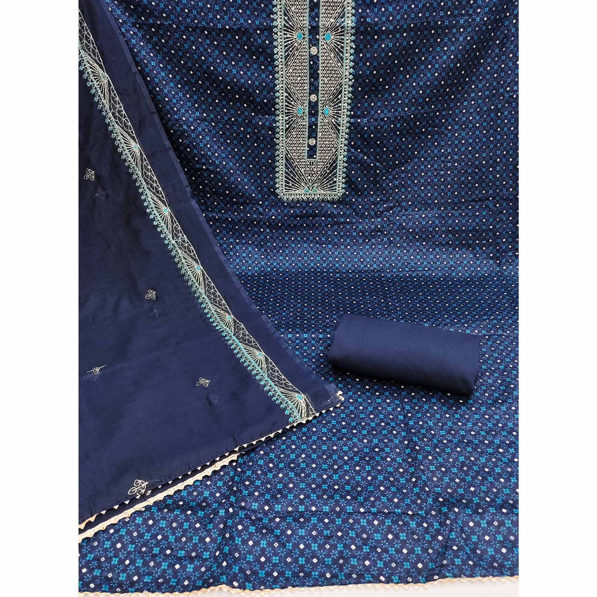 Navy Blue Printed With Embroidered Satin Dress Material