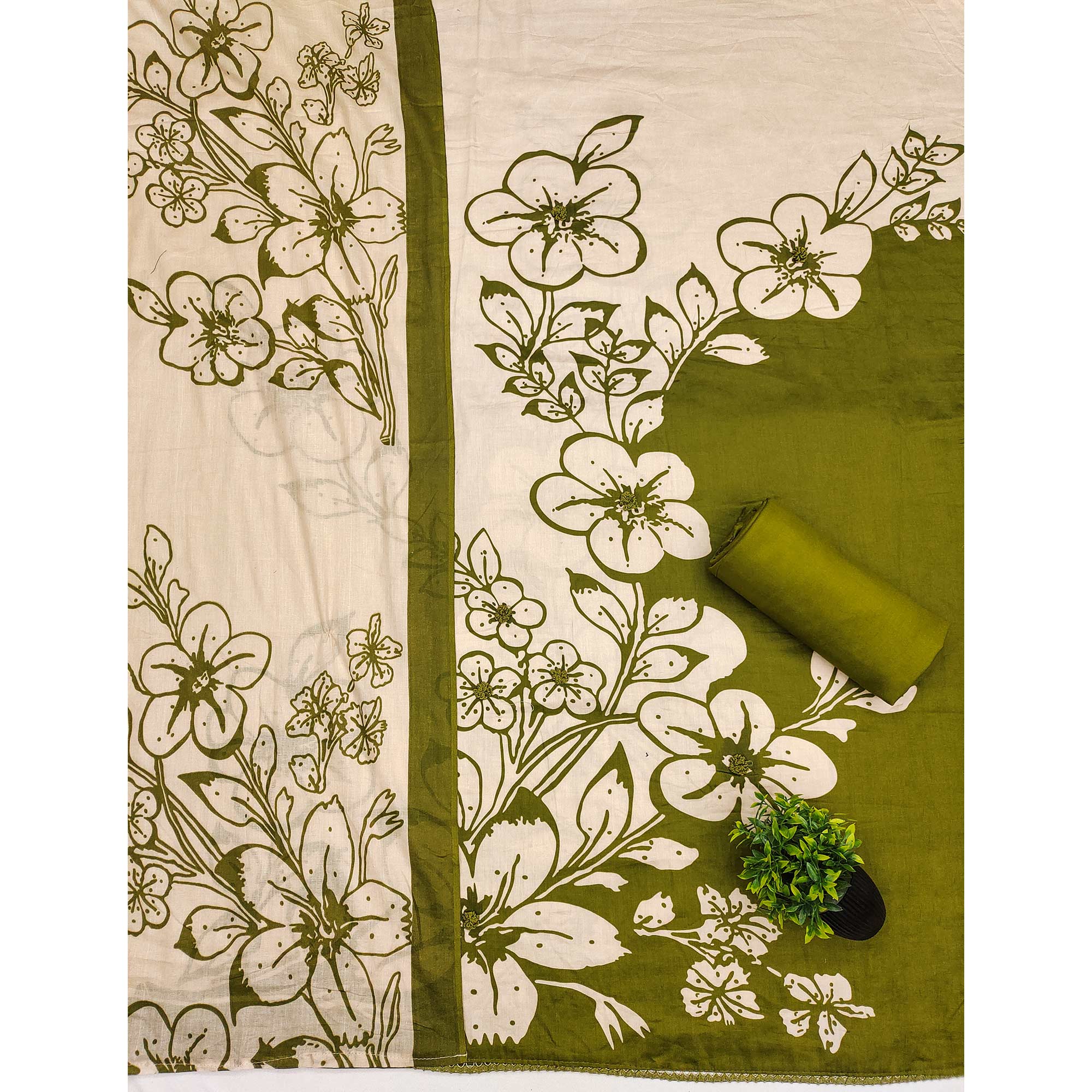 Pure Cotton Green Dress Material with Delicate Floral Print