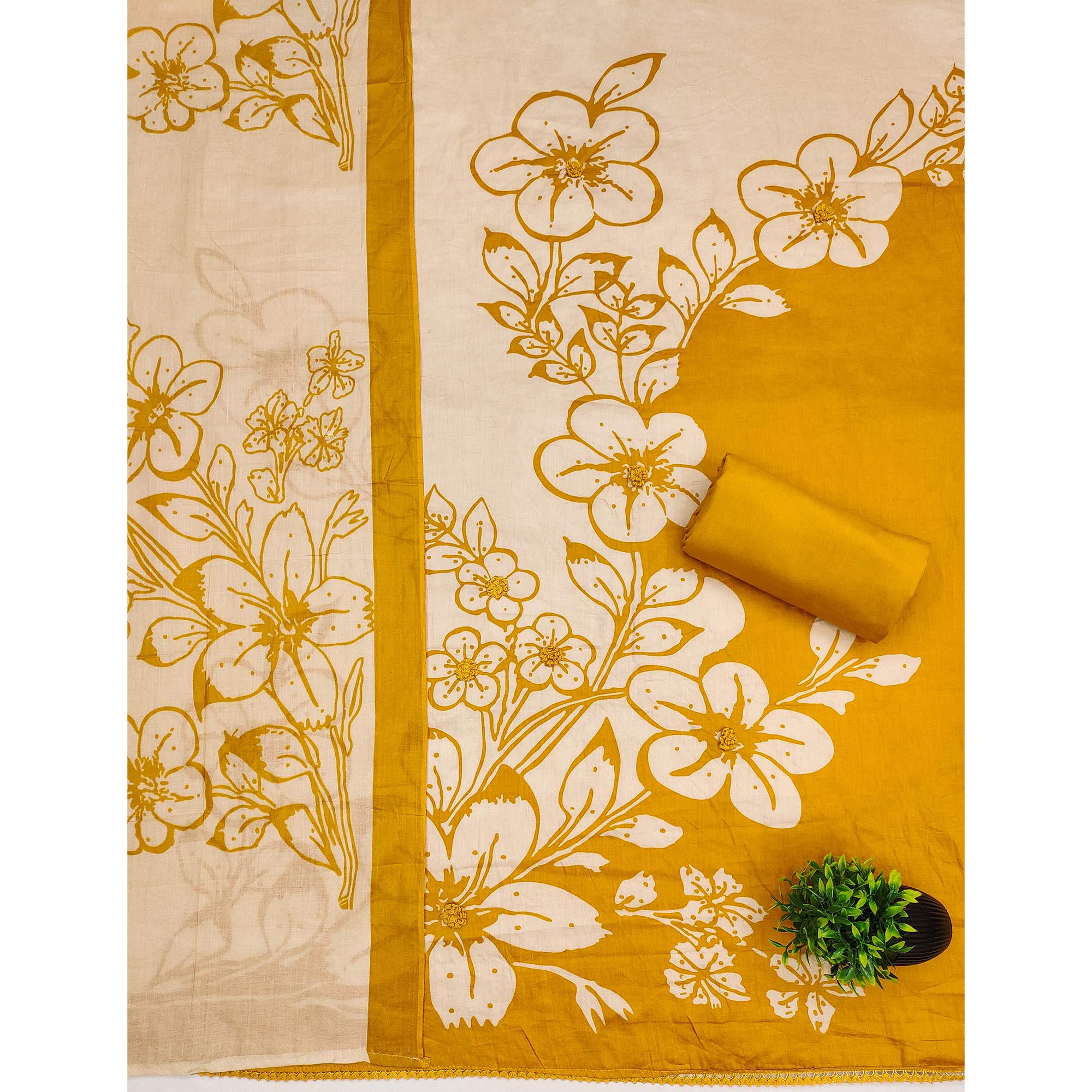 Pure Cotton Mustard Dress Material with Delicate Floral Print