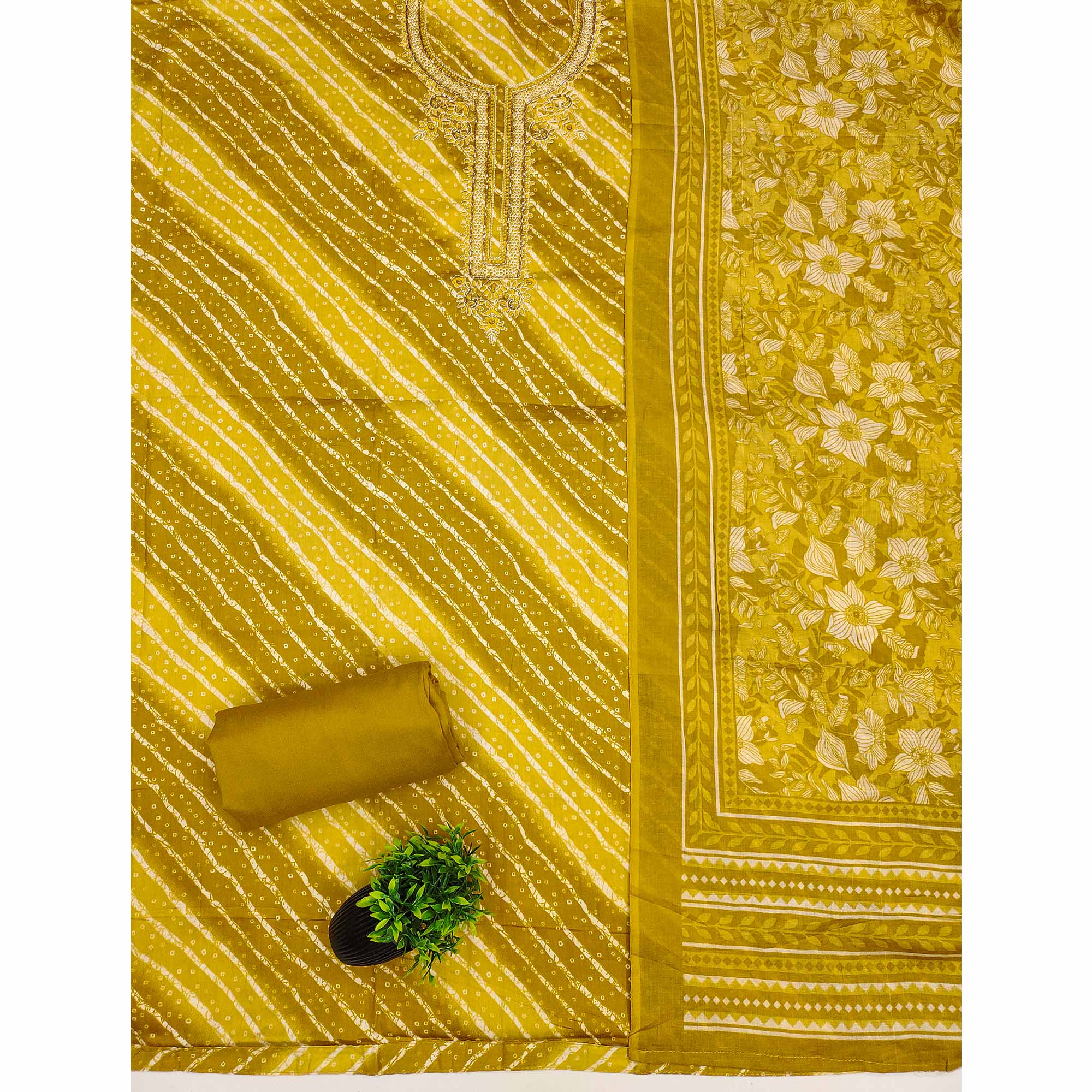 Summer Perfect Mustard Cotton Suit Material with Stripe Pattern