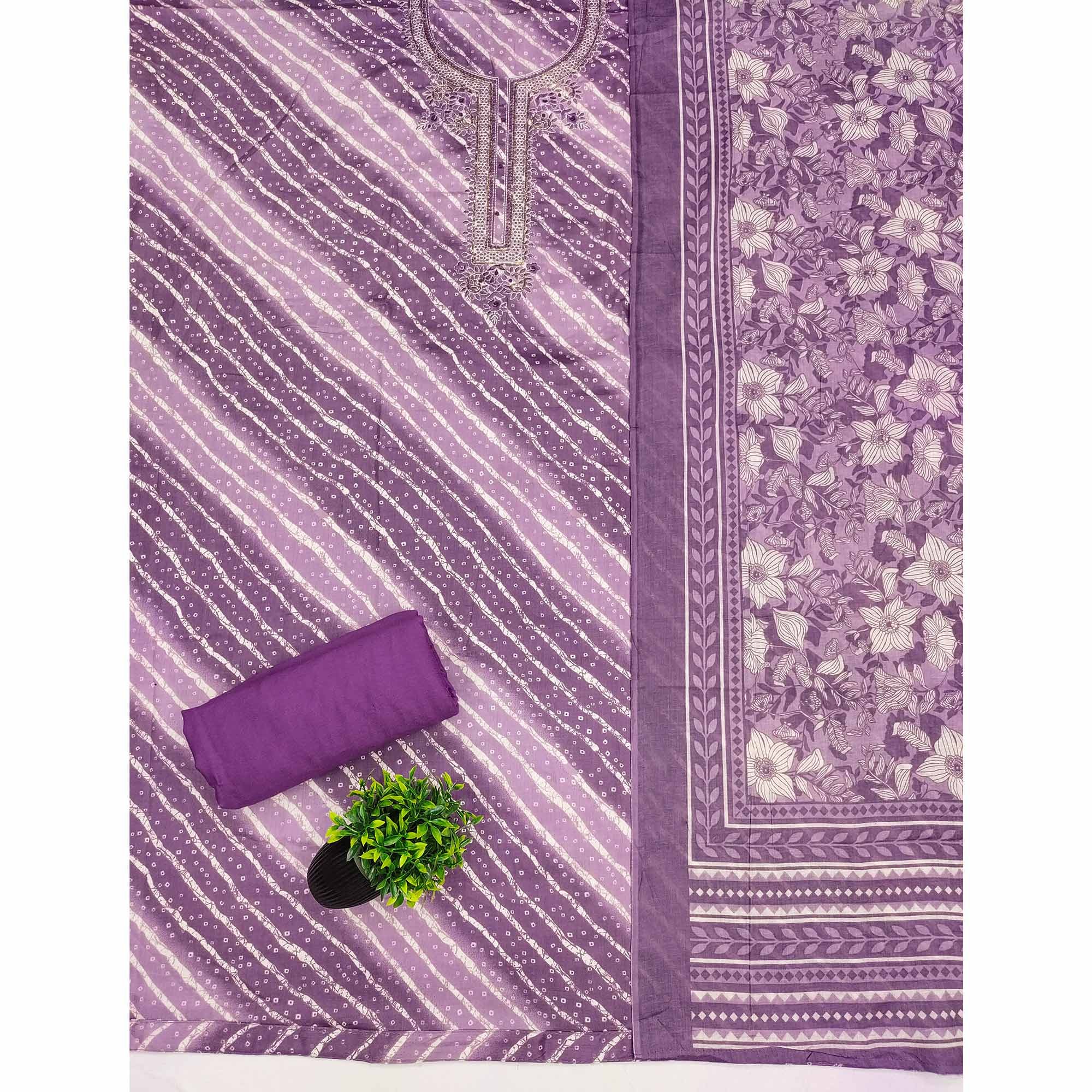 Summer Perfect Purple Cotton Suit Material with Stripe Pattern