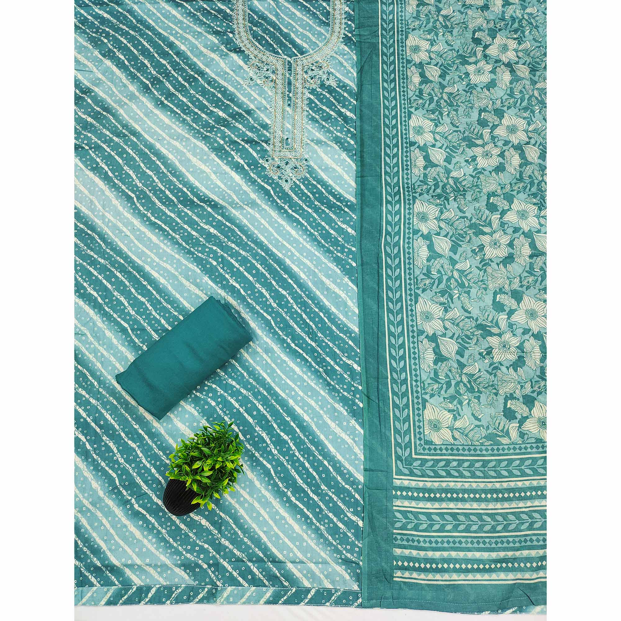 Summer Perfect Sea Green Cotton Suit Material with Stripe Pattern