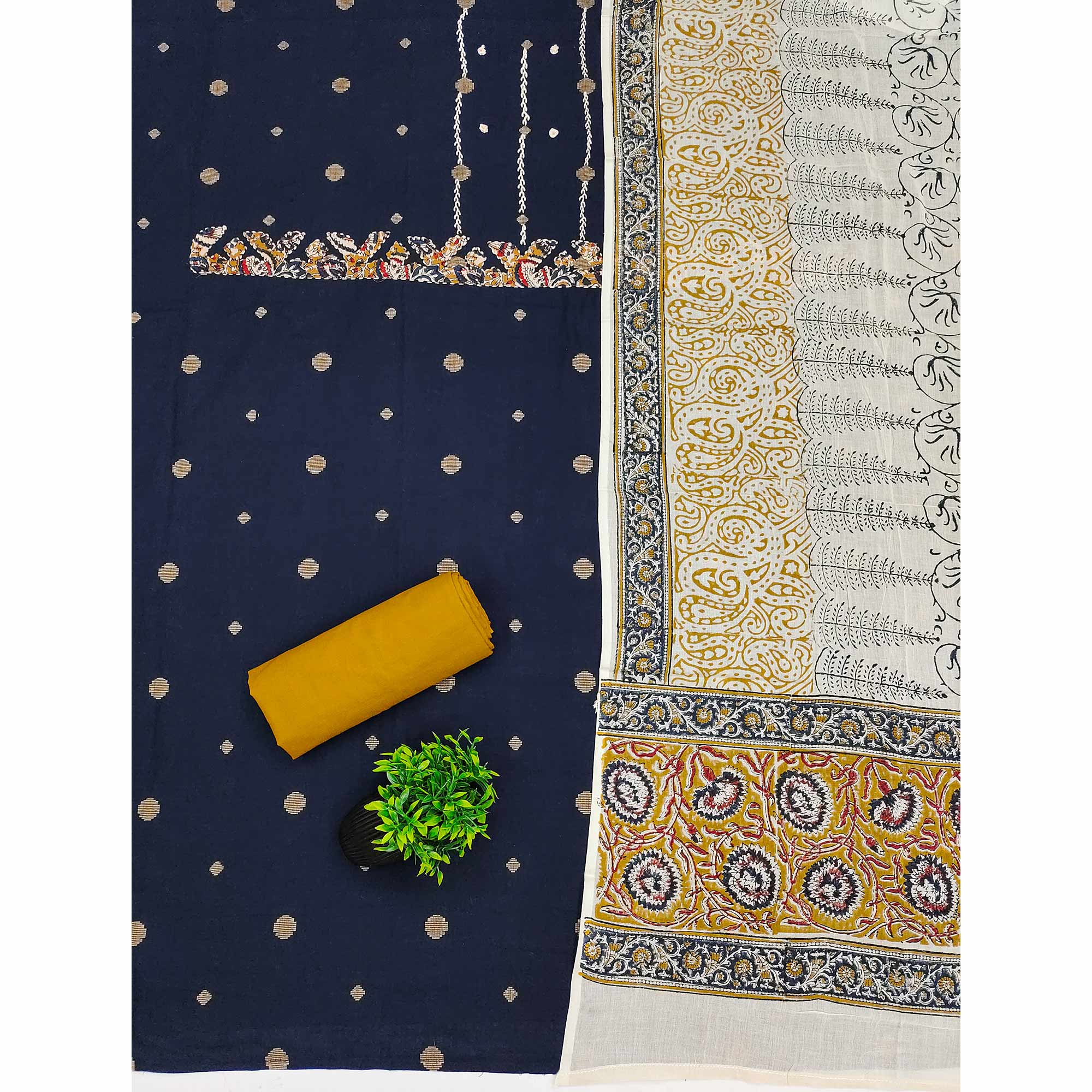 Blue Pure Cotton Dress Material with Mirror & Embroidery Work