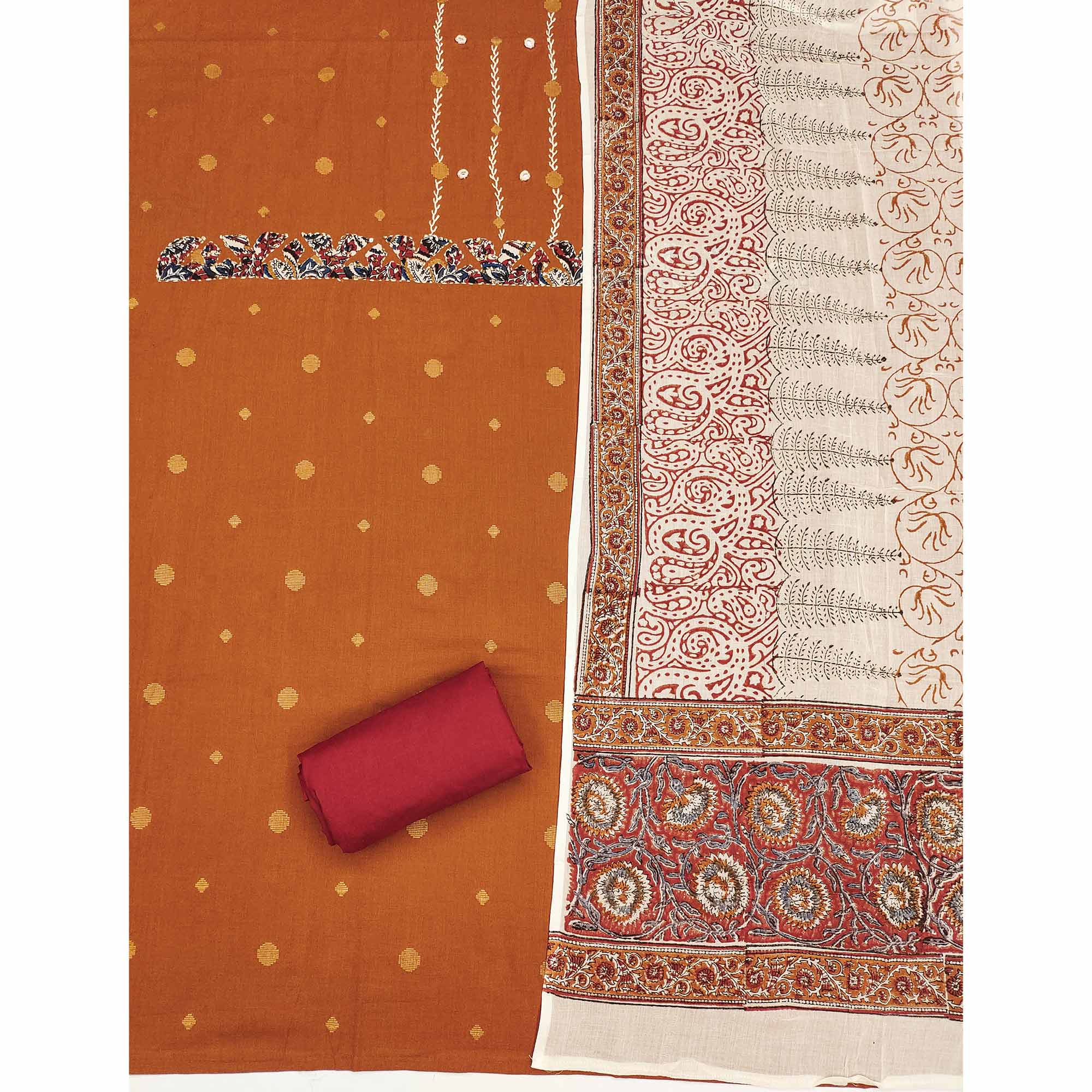 Brown Pure Cotton Dress Material with Mirror & Embroidery Work