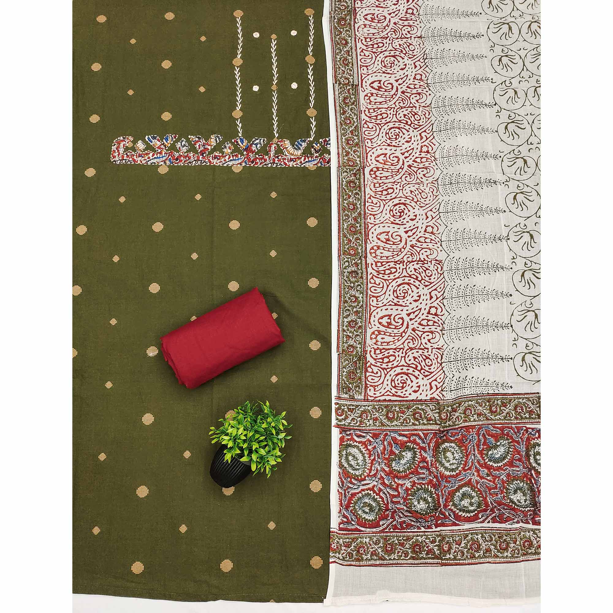 Green Pure Cotton Dress Material with Mirror & Embroidery Work