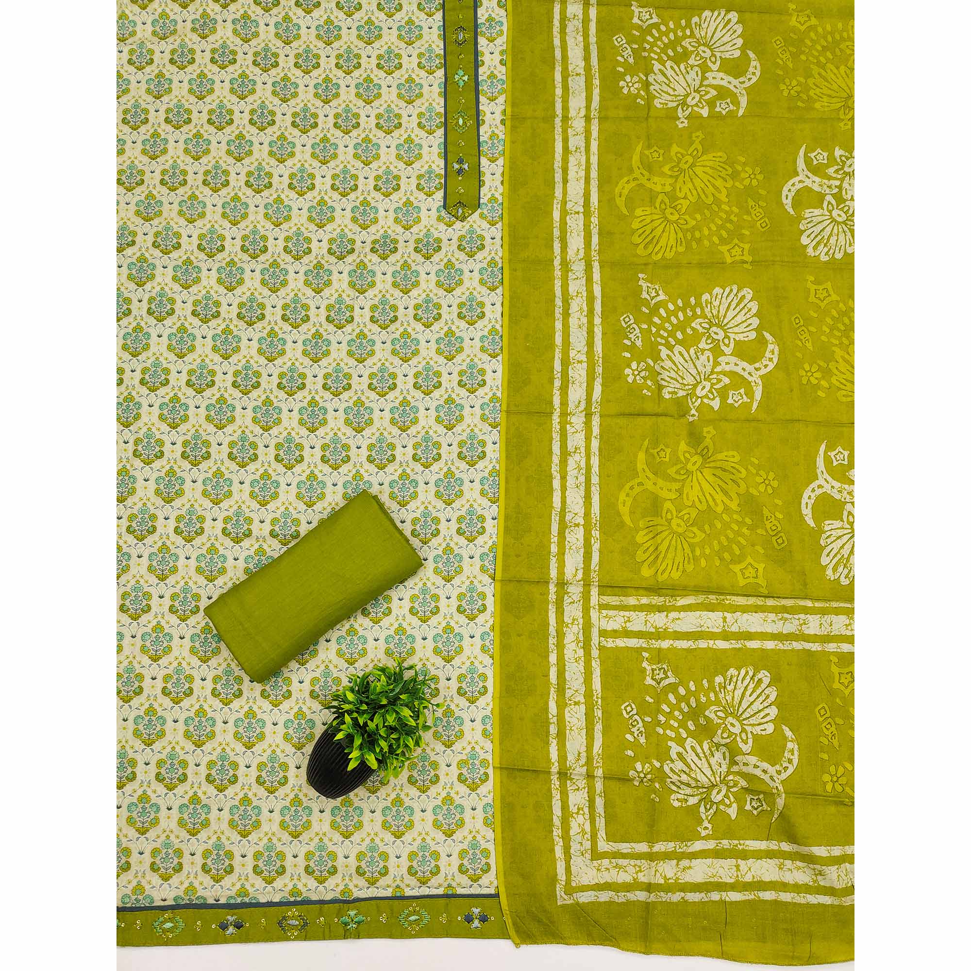 Unstitched Pure Cotton Green Dress Material with Floral Charm