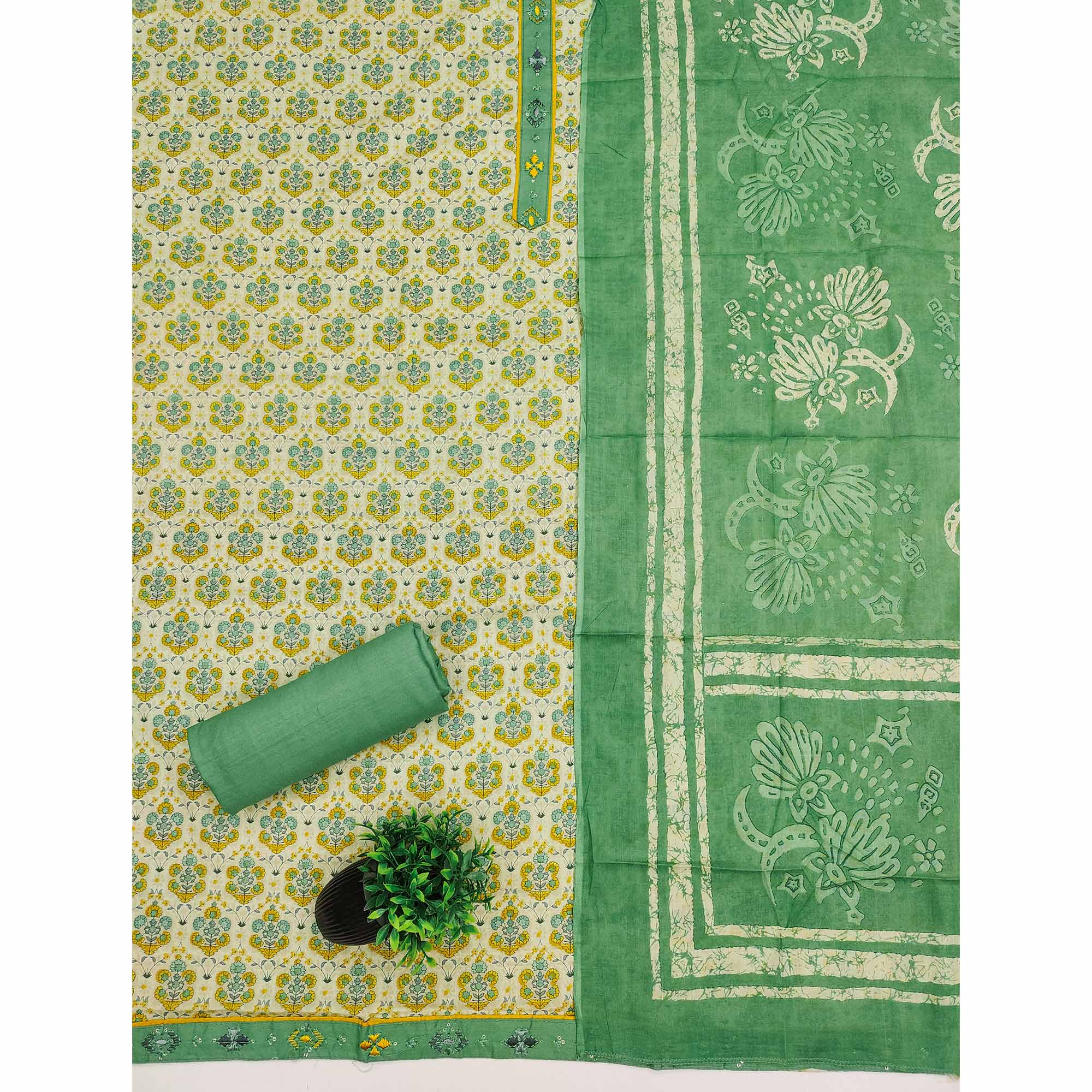 Unstitched Pure Cotton Mint Green Dress Material with Floral Charm