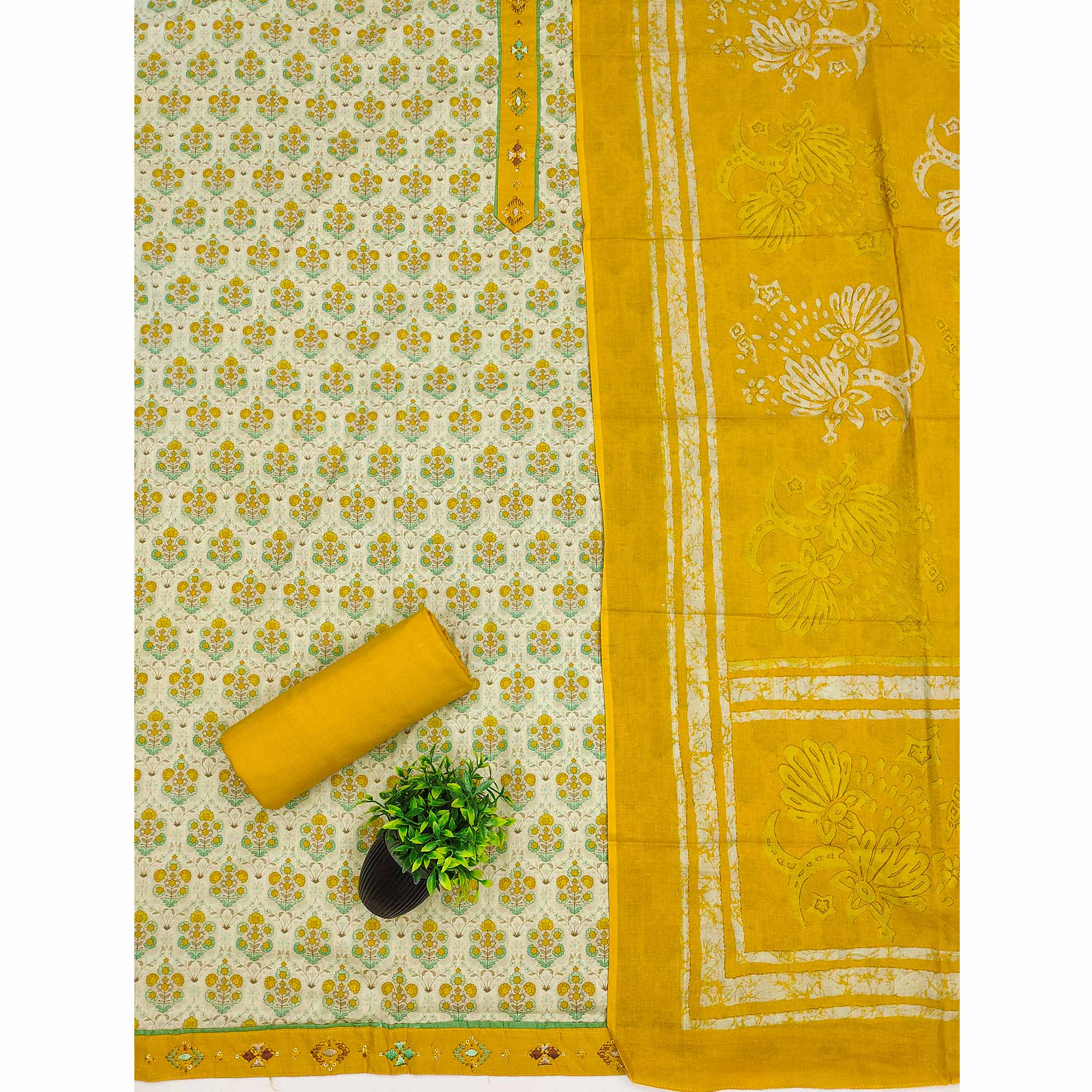 Unstitched Pure Cotton Yellow Dress Material with Floral Charm