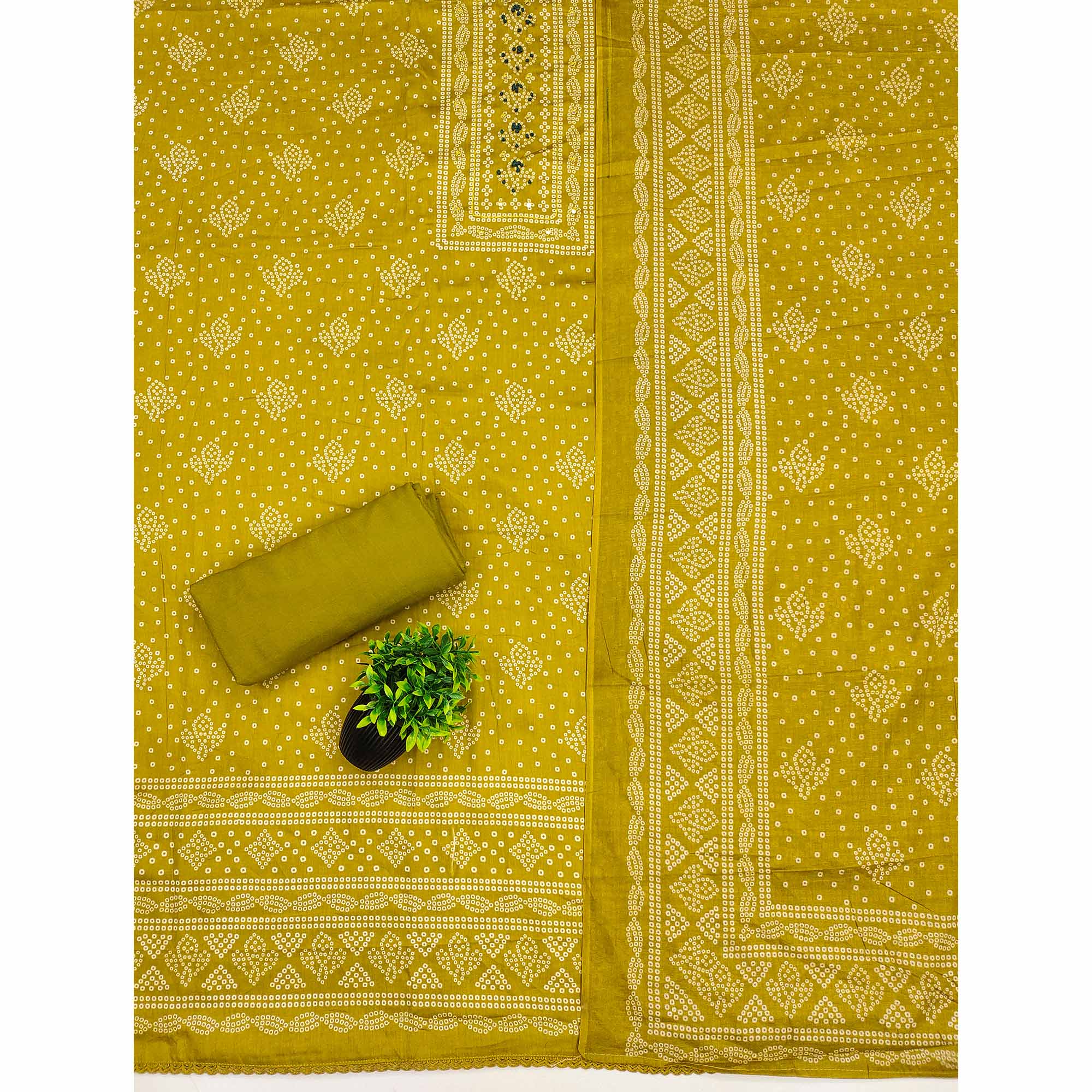 Soft Cotton Olive Dress Material with Classic Bandhani Print