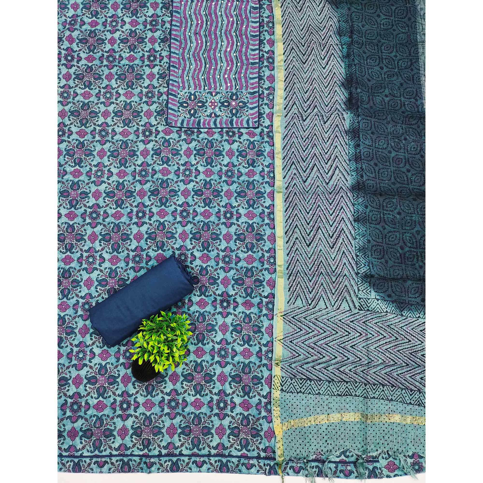 Unstitched Blue Cotton Dress Material Featuring Subtle Floral Patterns
