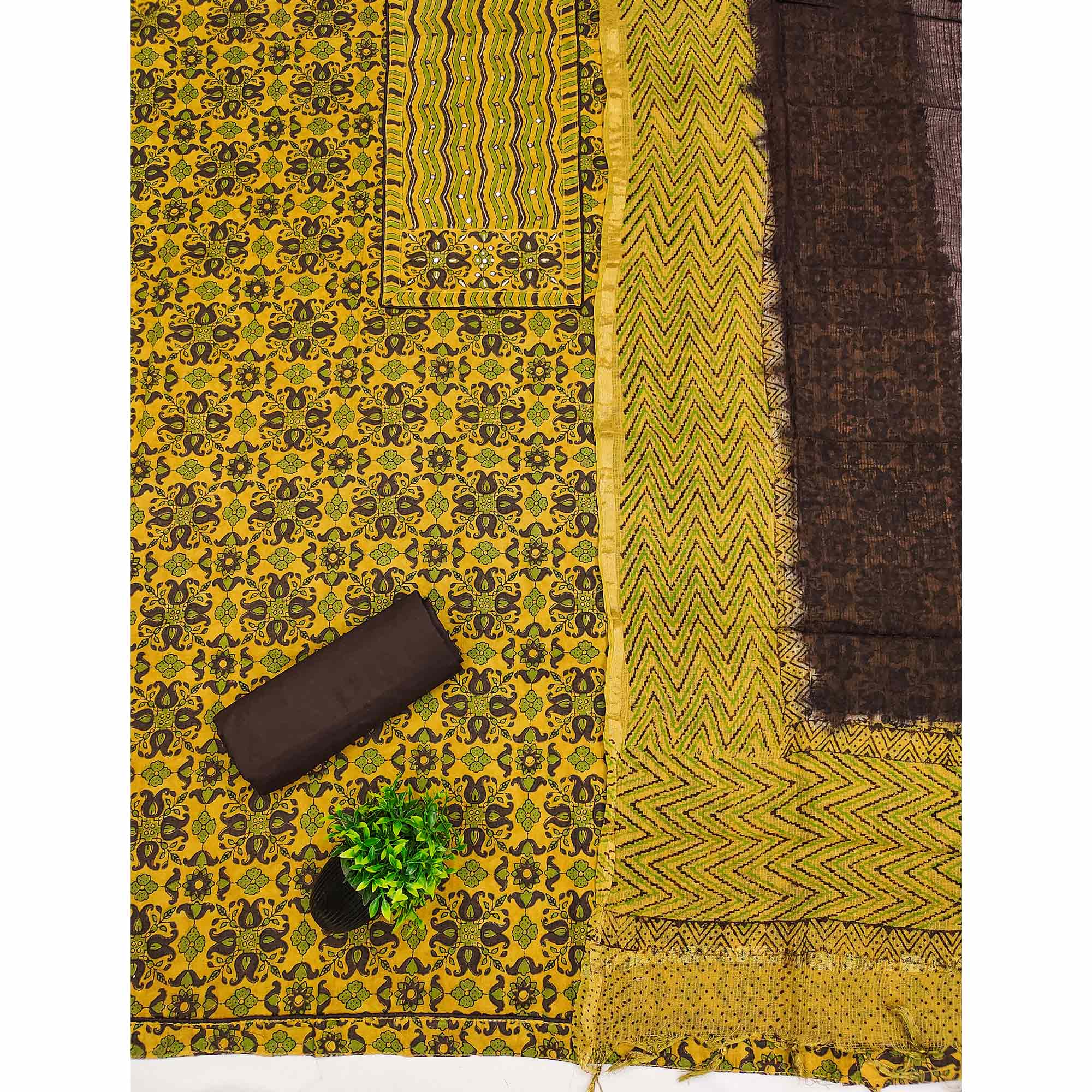 Unstitched Mustard Cotton Dress Material Featuring Subtle Floral Patterns