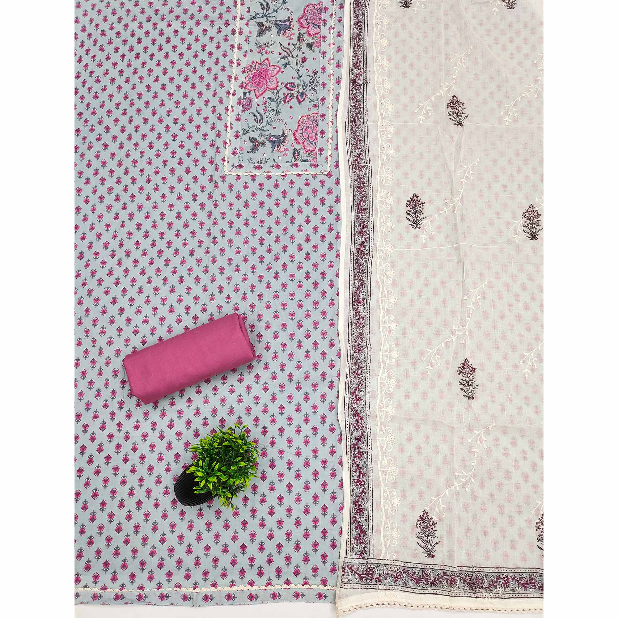 Pure Cotton Dress Material in Grey with All Over Floral Print
