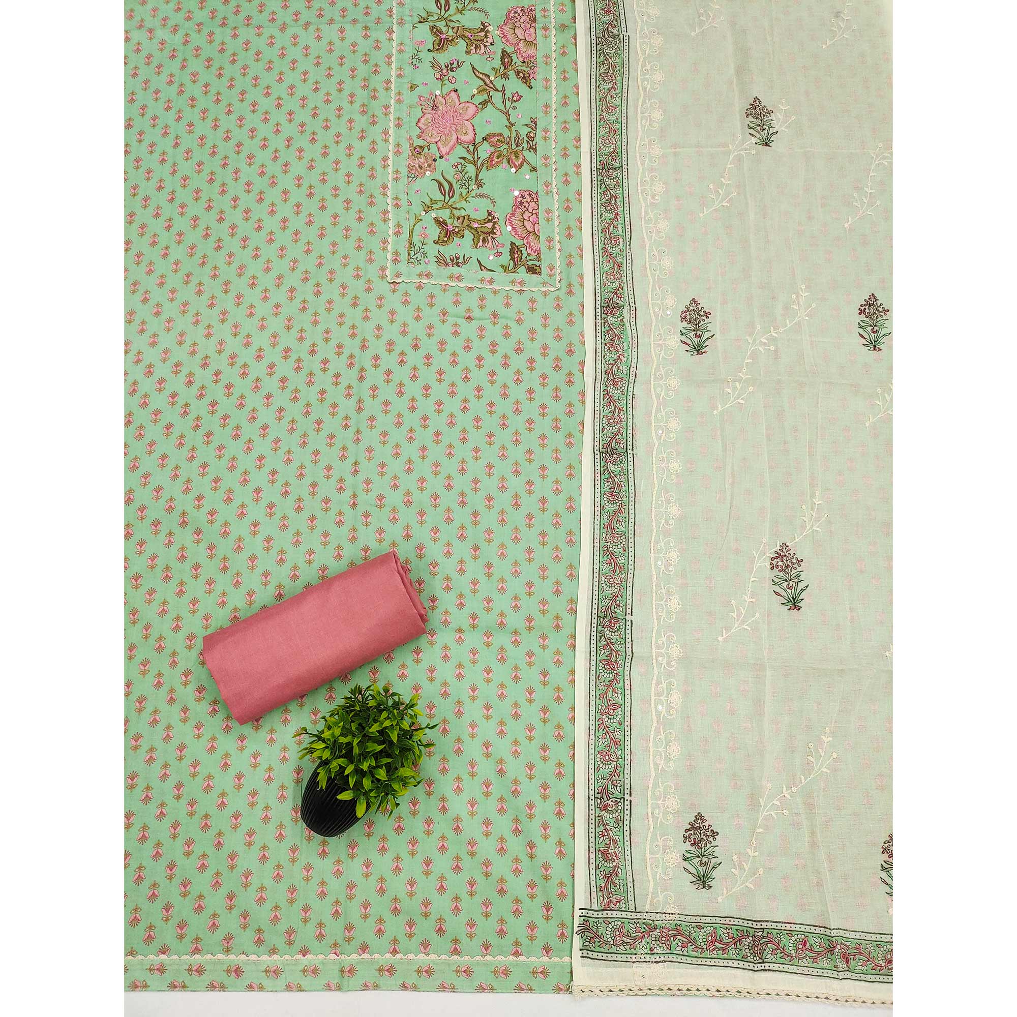Pure Cotton Dress Material in Pista Green with All Over Floral Print