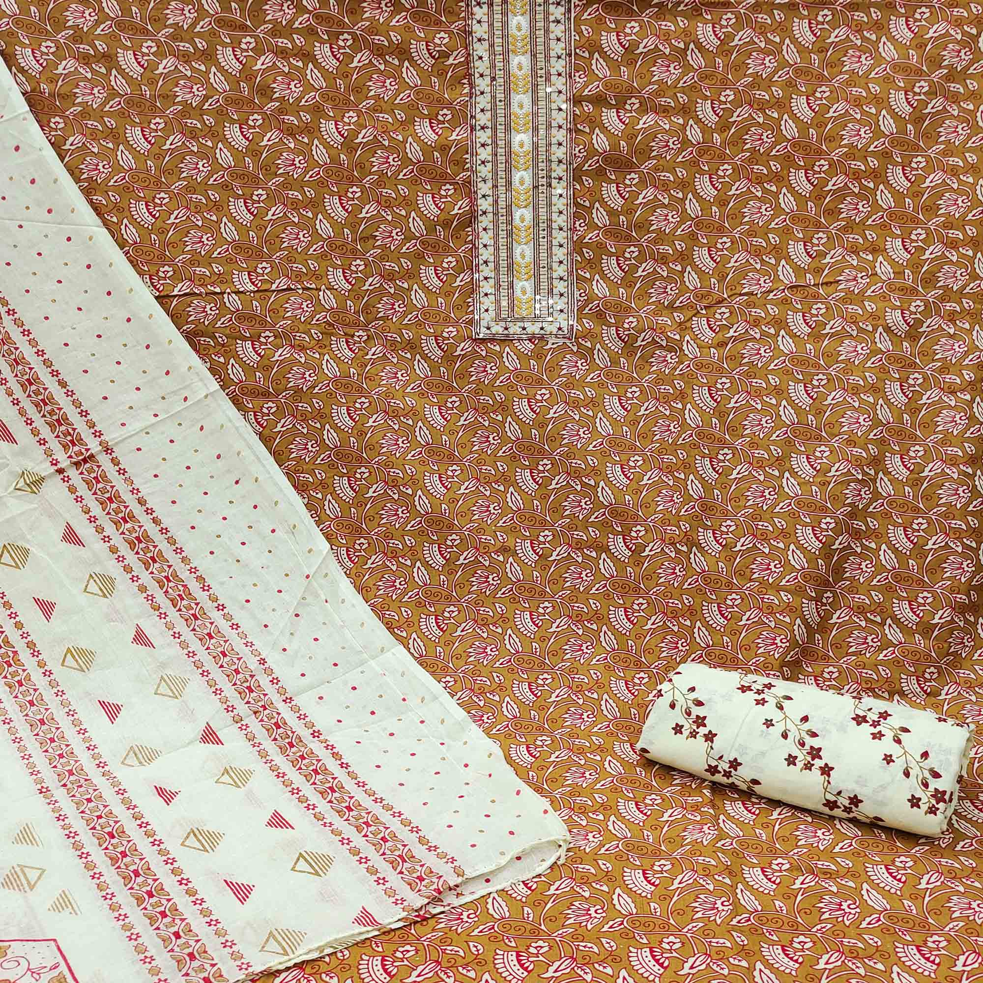 Brown Floral Printed Cotton Blend Dress Material