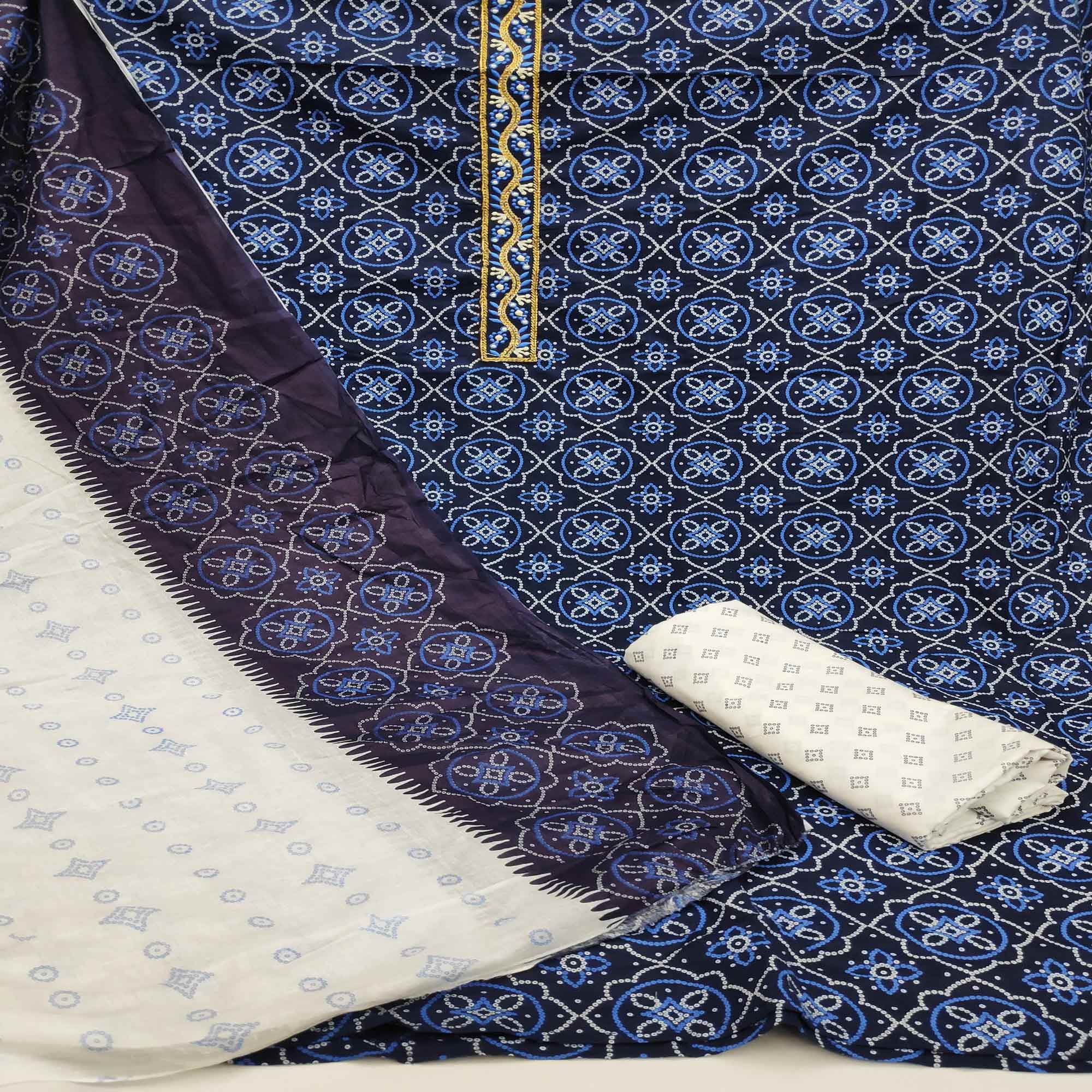 Blue Bandhani Printed Cotton Blend Dress Material