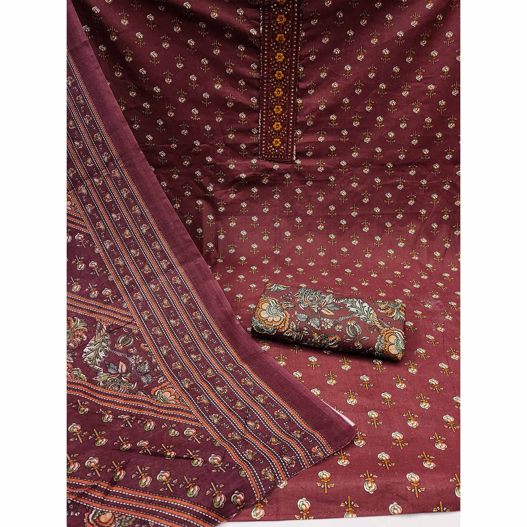 Maroon Floral Printed Pure Cotton Dress Material