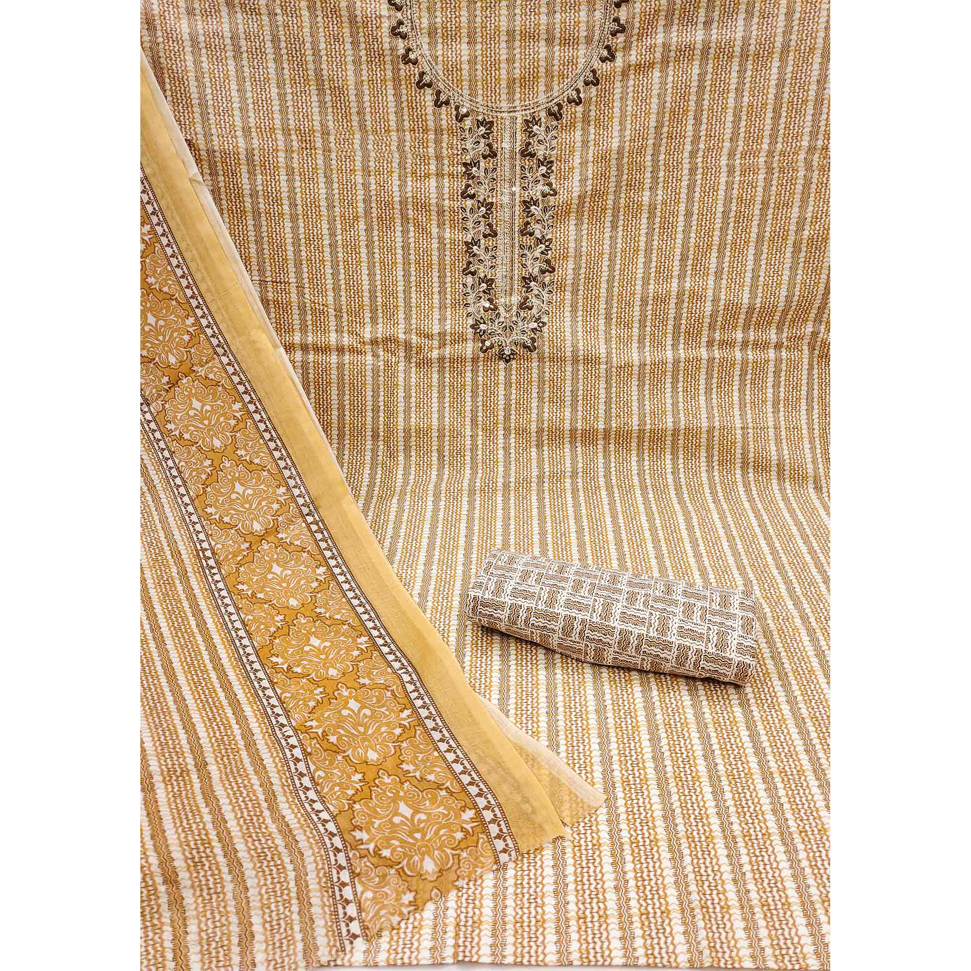 Beige Striped Printed Pure Cotton Dress Material