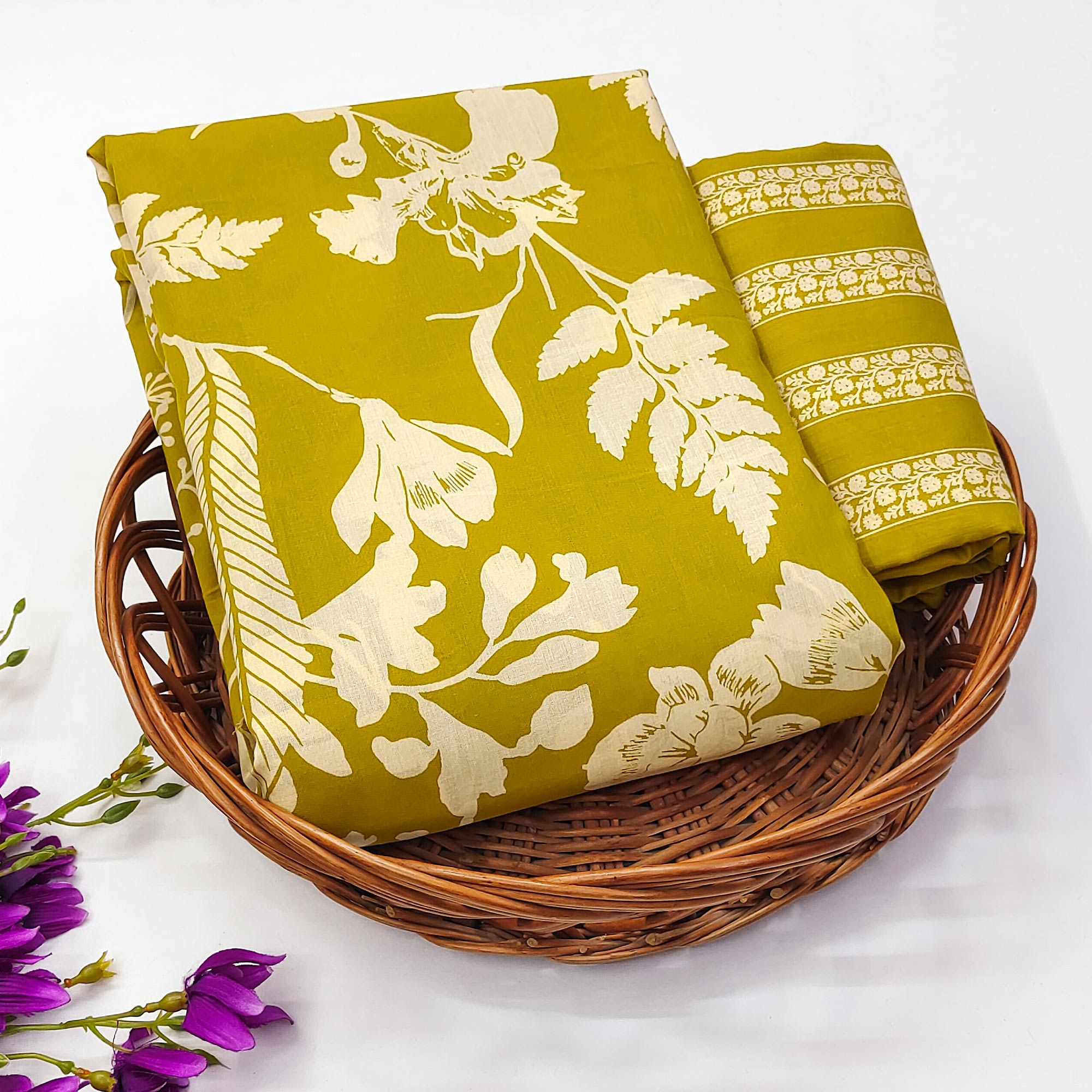 Mustard Floral Printed Pure Cotton Two Tops Dress Material