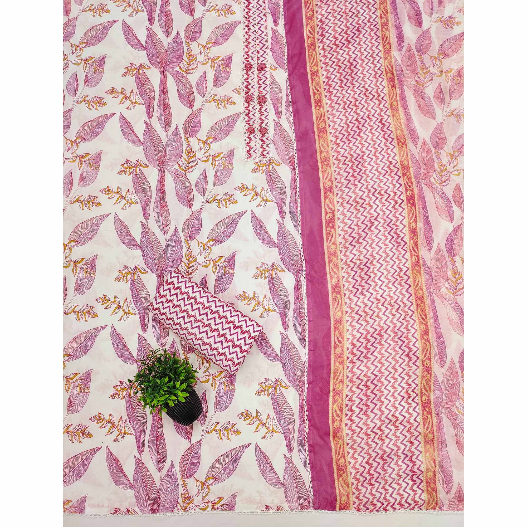 Stylish Pink Floral Pure Cotton Dress Material Accented With Neckline Sequins Embroidery