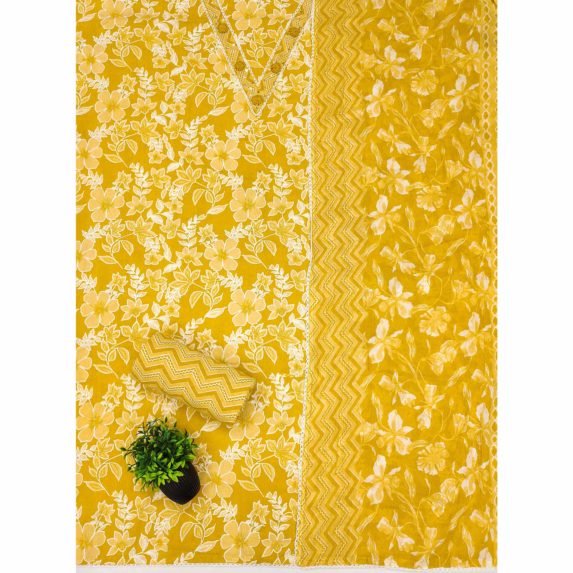 Stylish Yellow Floral Pure Cotton Dress Material Accented With Neckline Sequins Embroidery