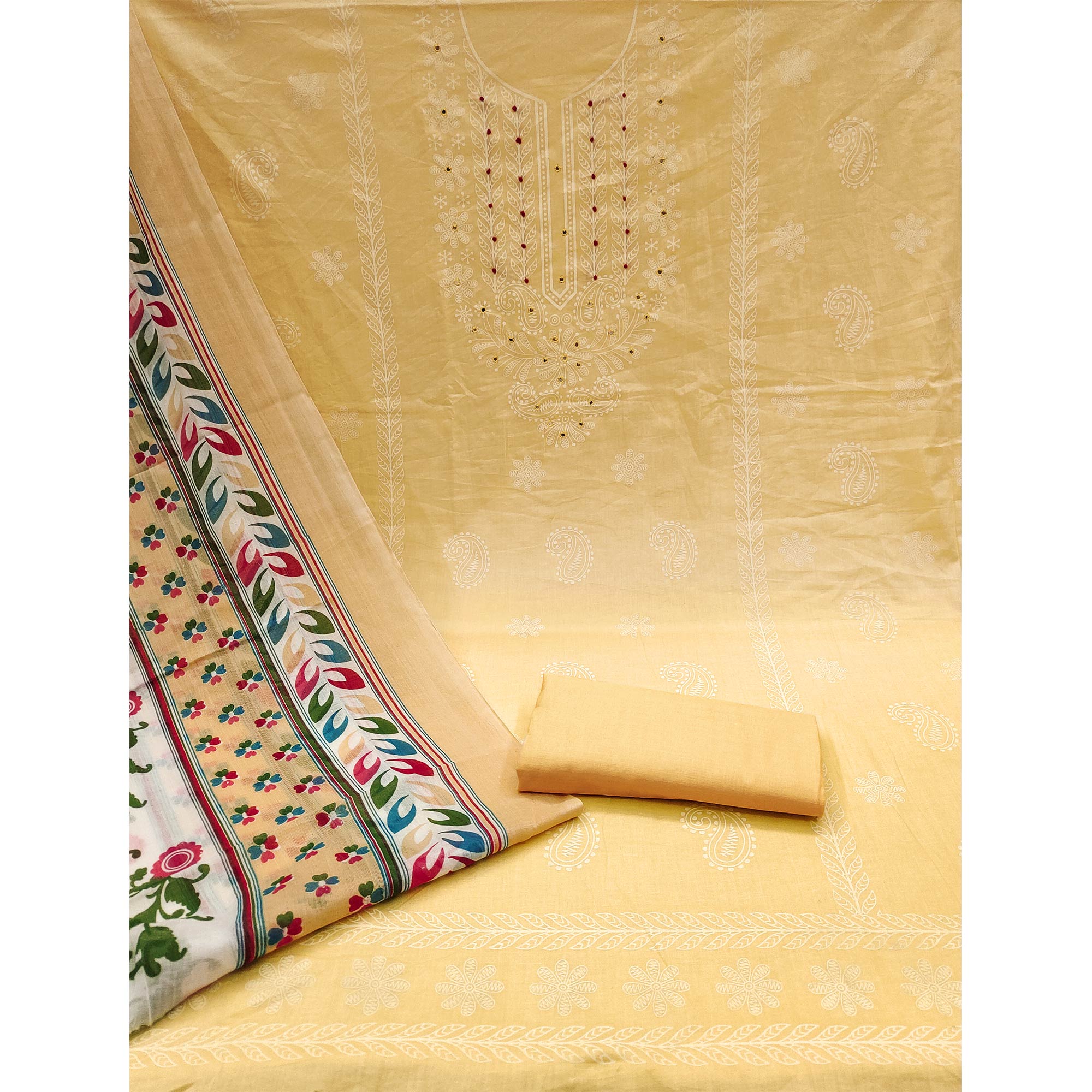 Beige Printed Mirror Work Pure Cotton Dress Material