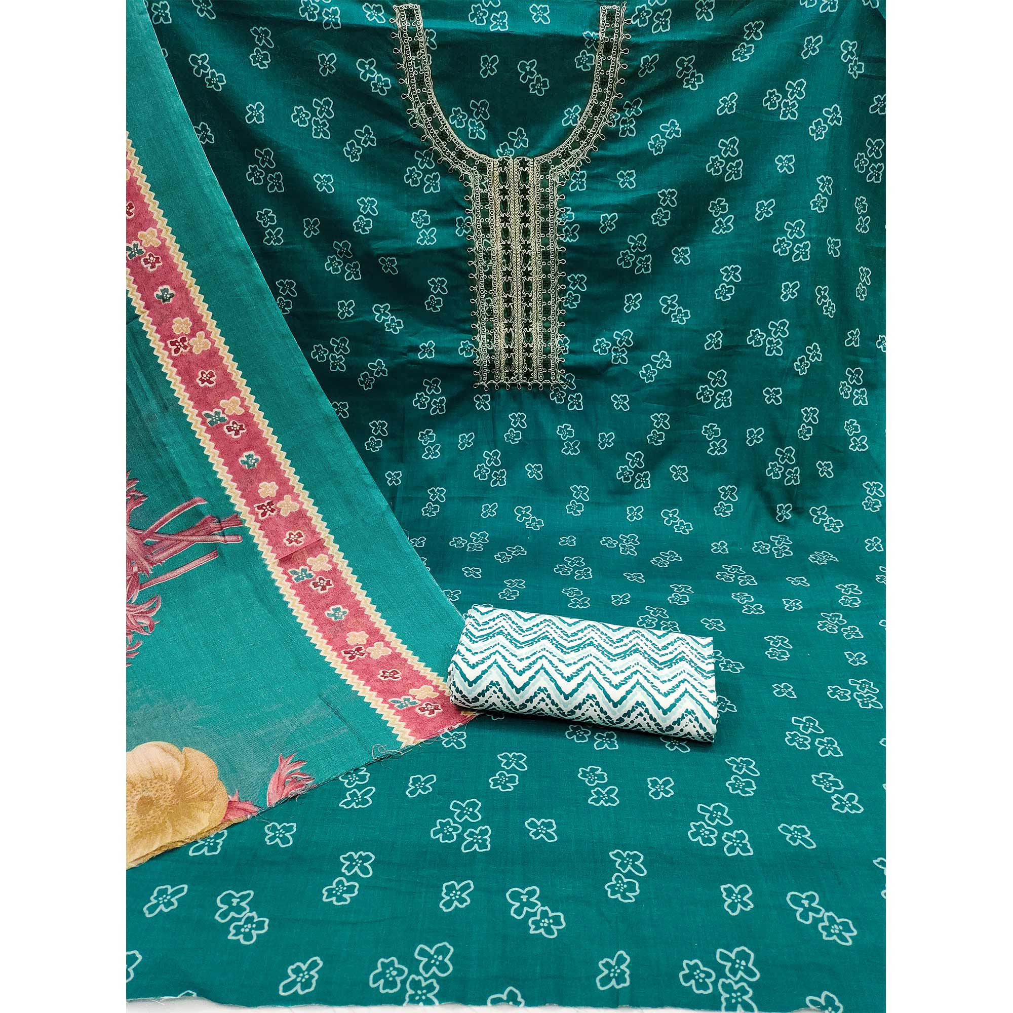 Teal Floral Printed Pure Cotton Dress Material