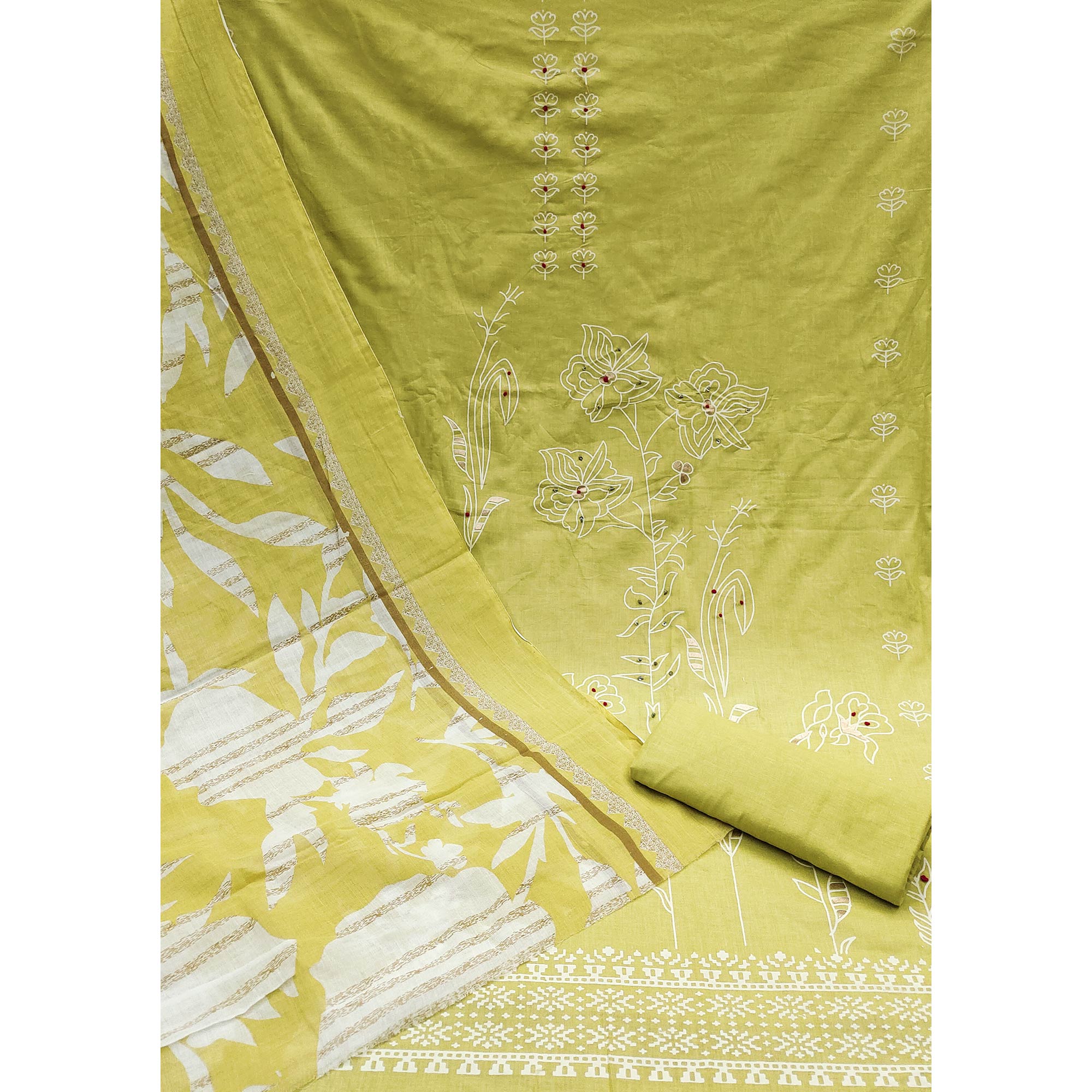 Green Floral Foil Printed Pure Cotton Dress Material